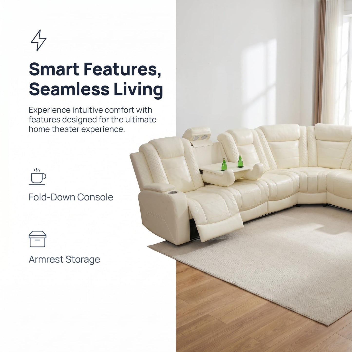 Trygoal Power Reclining Sectional Sofa Set, Modern L-Shaped Couch with Recliner, 4 Seat Power Reclining Sofa, Reclining Sectional Couches for Living Room, Home, Office, Leather, Off-White