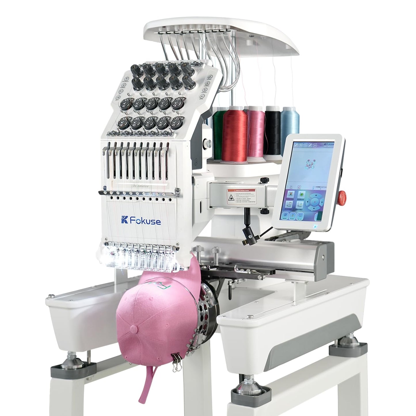 Fokuse brand FKS-1001 Commercial Embroidery Machine with 10 needle, Embroidery Area 14.2"x9.5", 1200SPM Max Speed, 7" Touch Screen, suitable for T-shirt, Hat, Flat, Bag and more
