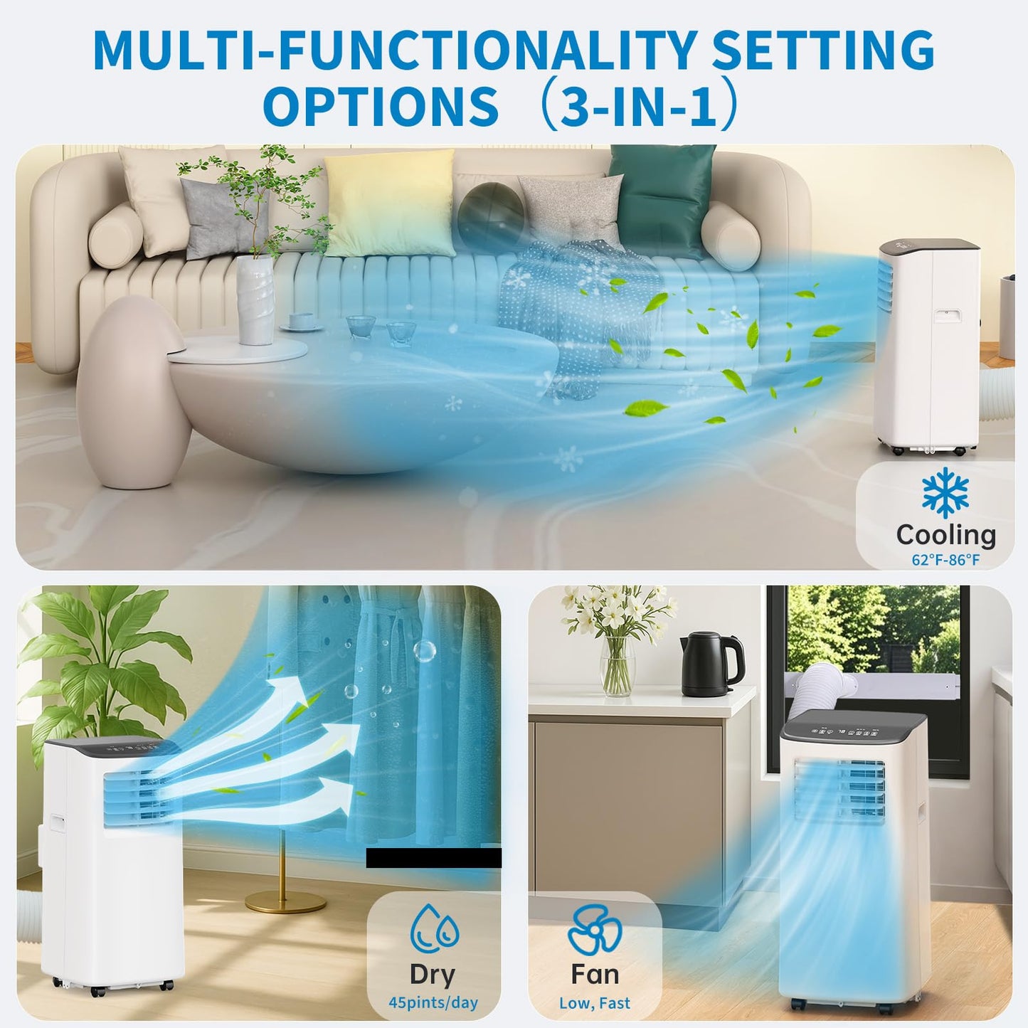 IDEALHOUSE Portable Air Conditioners, 8000 BTU Portable AC, AC Unit with Cooling, Dehumidifying & Fan, Quiet Operation and Easy Mobility, Remote Control, Enhanced Air Quality for Home & Office