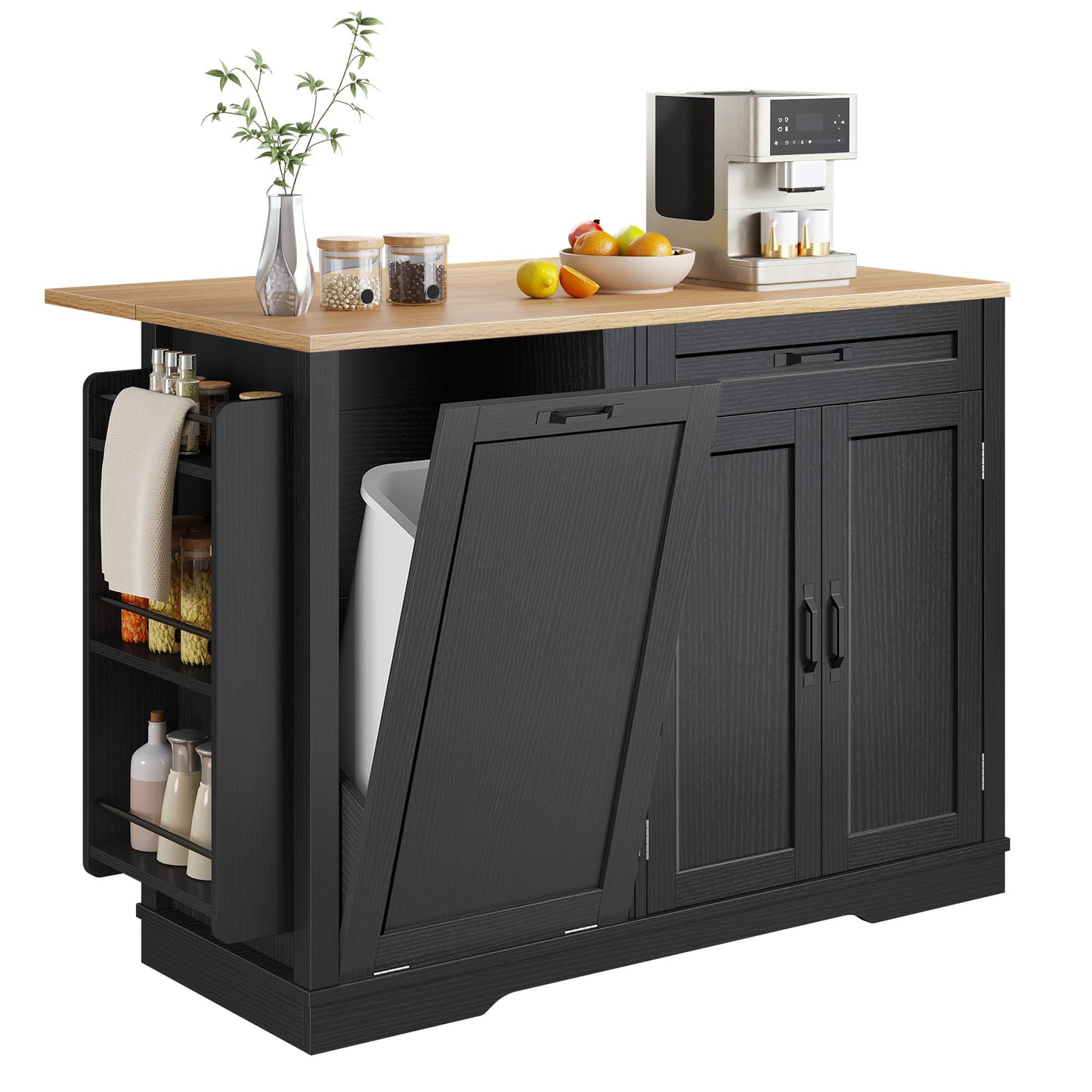 YITAHOME 50 Inch Rolling Kitchen Island with Trash Can Storage, Portable Mobile Islands Table with Drop Leaf, Floating Kitchen Butcher Block Cart on Wheels, Fits 13 Gallon Garbage Bin, Black