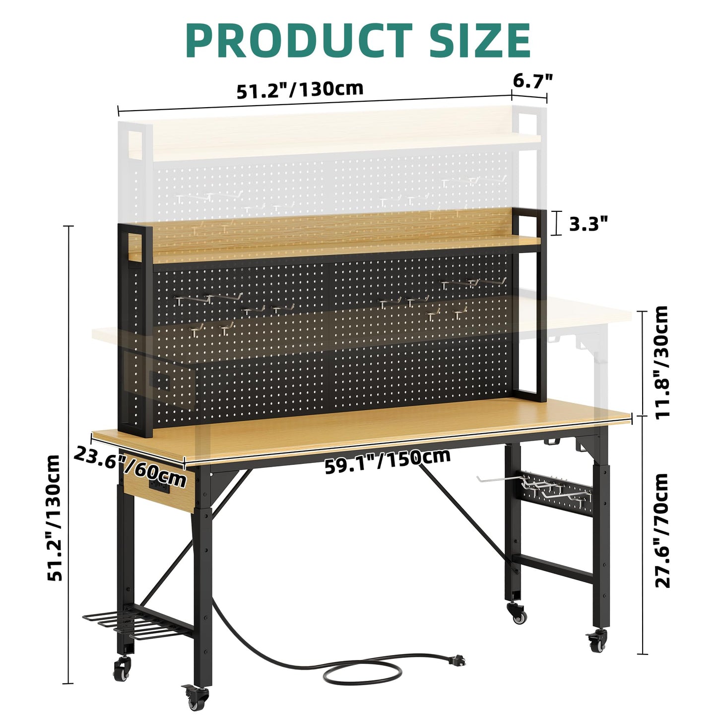 YITAHOME 60in Adjustable Workbench with Pegboard & Wheels 1600lb Load