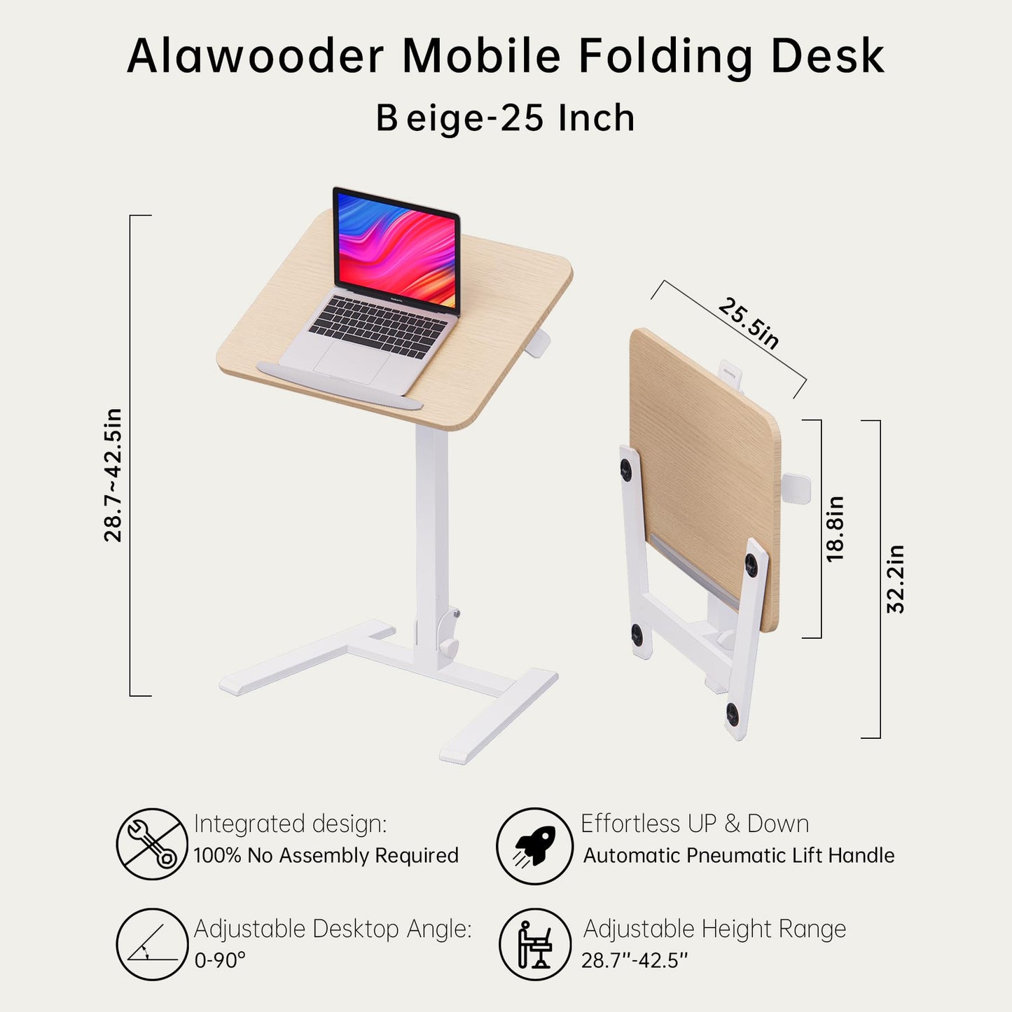 alawooder 25 Inch Mobile Folding Desk - No Assembly, Pneumatic Sit-Stand, 29-42" Height Adjustable Rolling Laptop Desk with Hidden Wheels, 0-90° Tilt Top for Home Office, Craft & Study