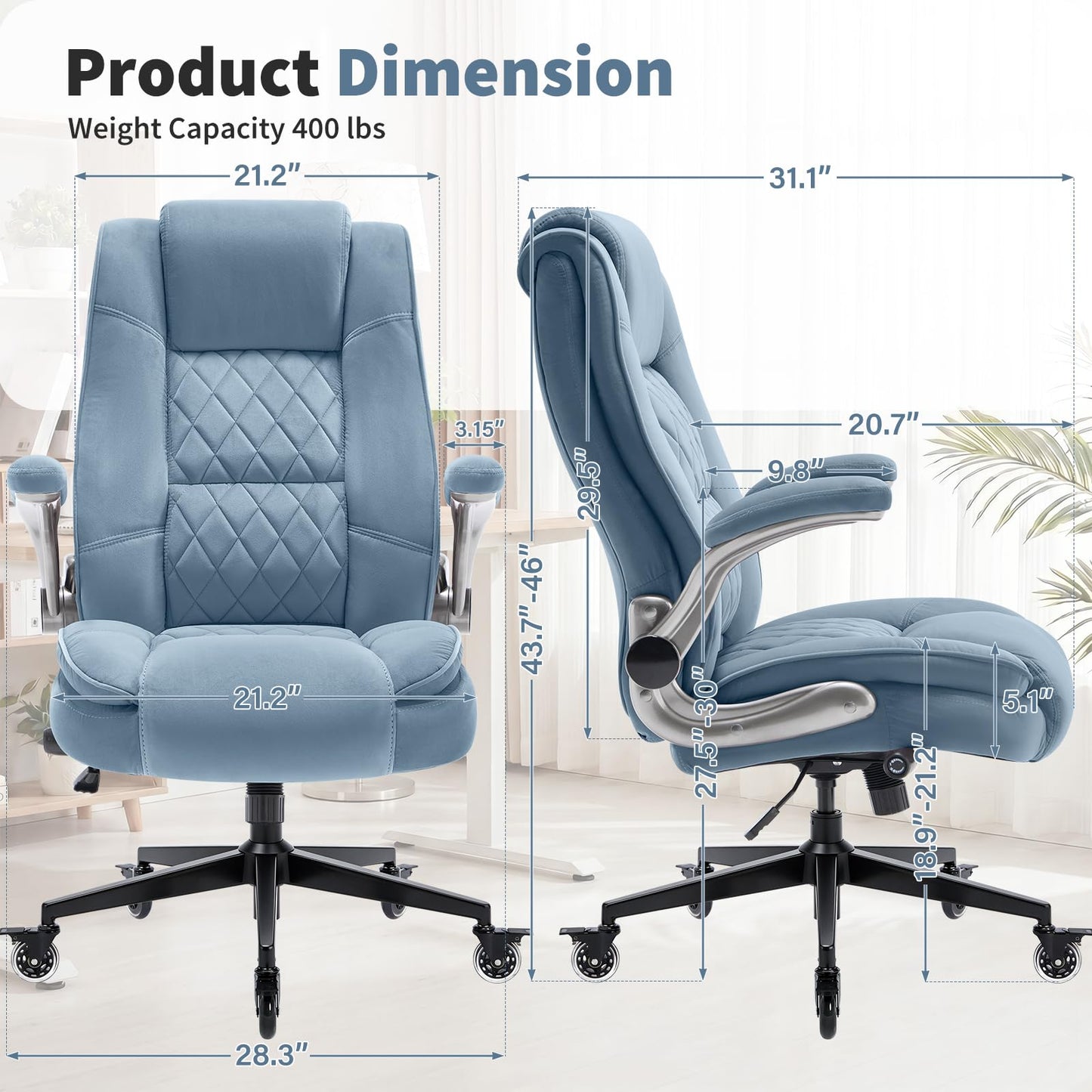 Fabric High Back Office Chair with Lockable Quiet Casters, Thick Padded Ergonomic Computer Chair- Adjustable Lumbar Support & Flip-Up Arms, Wide Executive Desk Chair for Back Pain, 400LBS Capacity