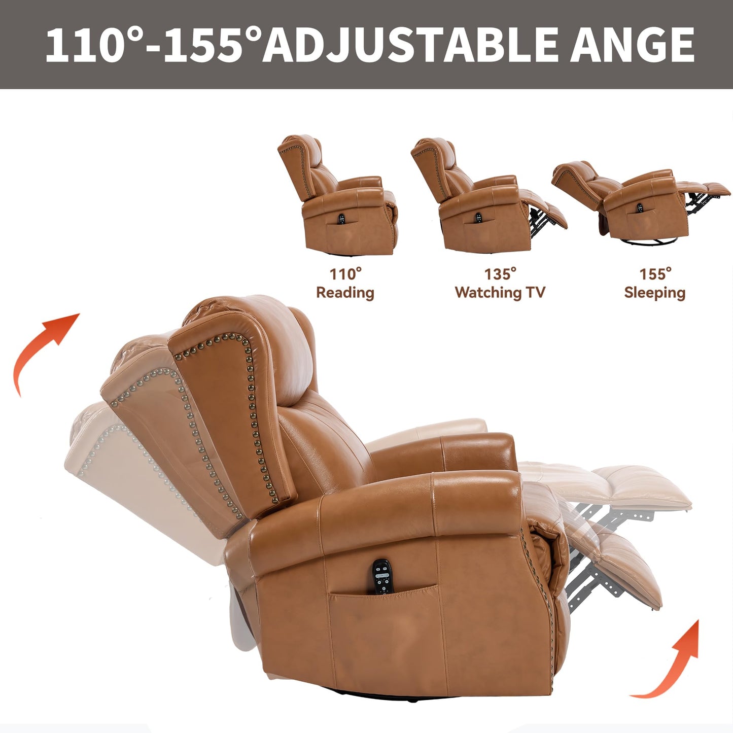 KEIKI Heat Massage Recliner Chair with Rocker & 360° Swivel, Manual Handle Reclining Lounge Chair with Lumbar Heat, Vibration Massage & Cushion Back for Living Room, Light Yellow