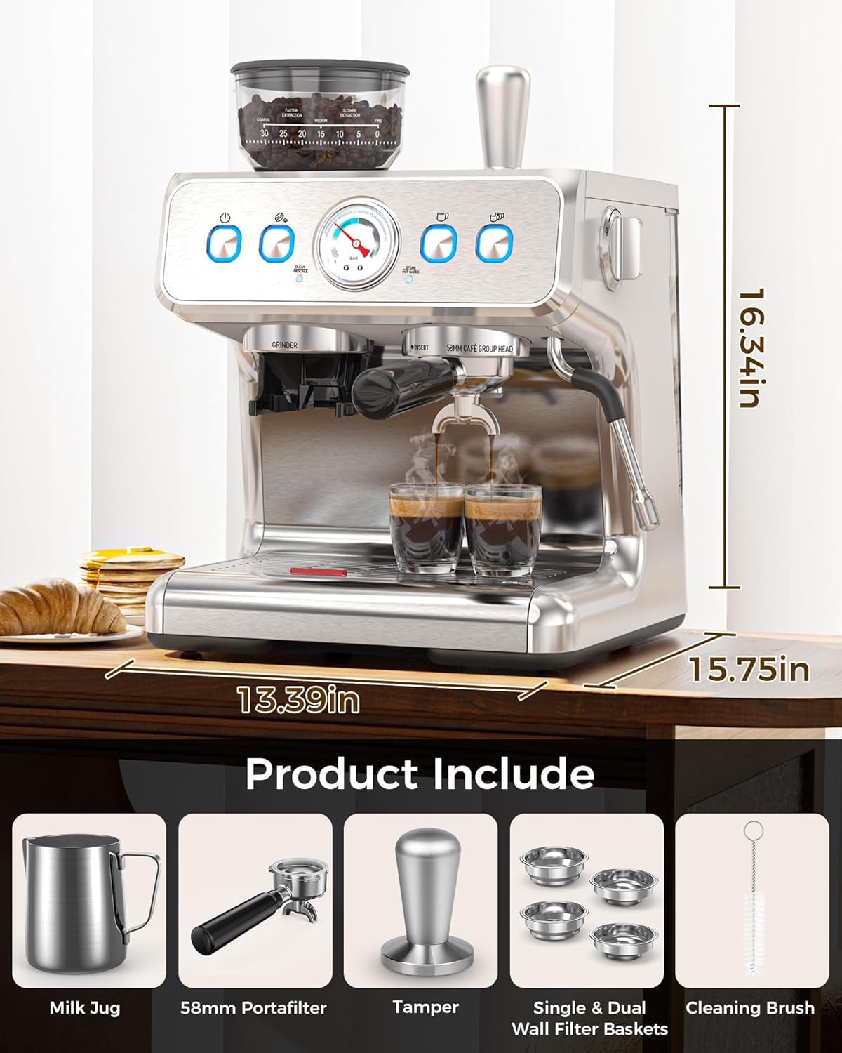 COWSAR 20 Bar Espresso Machine with Grinder & Milk Frother Steam Wand, 58mm Expresso Coffee machines, Commercial Stainless Steel Coffee Maker for Cappuccino and Latte, Perfect for Home Café