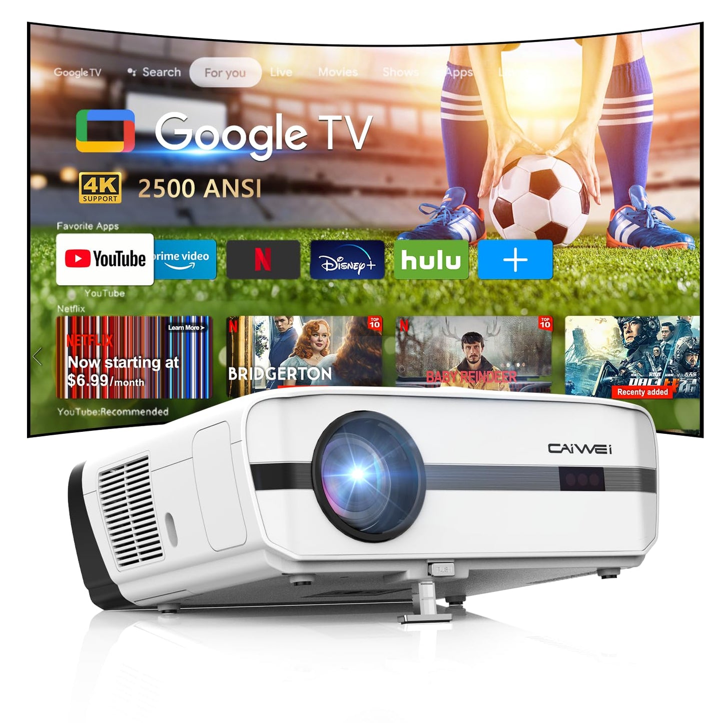 4K Smart Projector with Google TV & Netflix, 2500 ANSI Daylight Home Theater Projector, 70W Dolby Audio, TV Replacement Projector with 2 Wireless Mics, Family Karaoke, ToF Laser Auto Focus, HDMI ARC