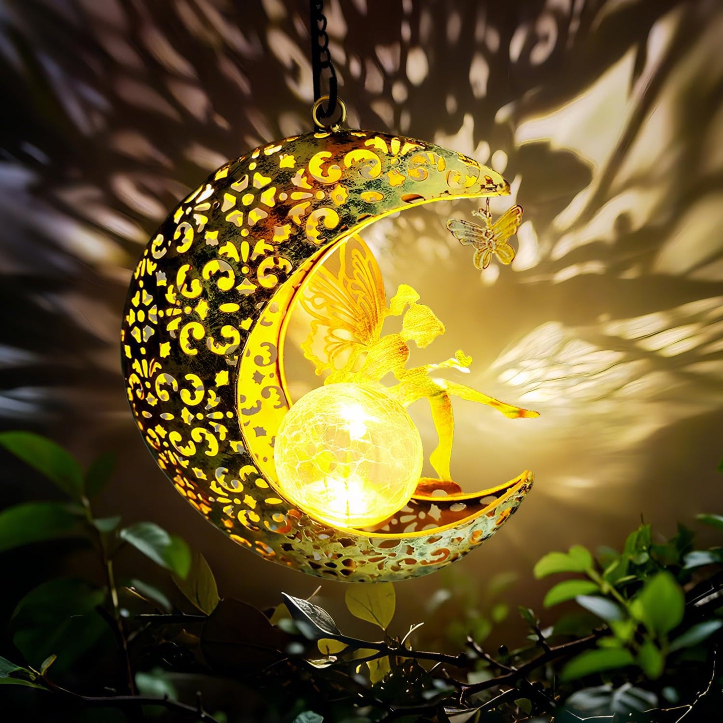 QCF Solar Garden Fairy Statue with Hanging Lights, Bronze Color, Fairy Moon, Model JY10003, Outdoor Metal Yard Art