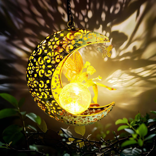 QCF Solar Garden Fairy Statue with Hanging Lights, Bronze Color, Fairy Moon, Model JY10003, Outdoor Metal Yard Art