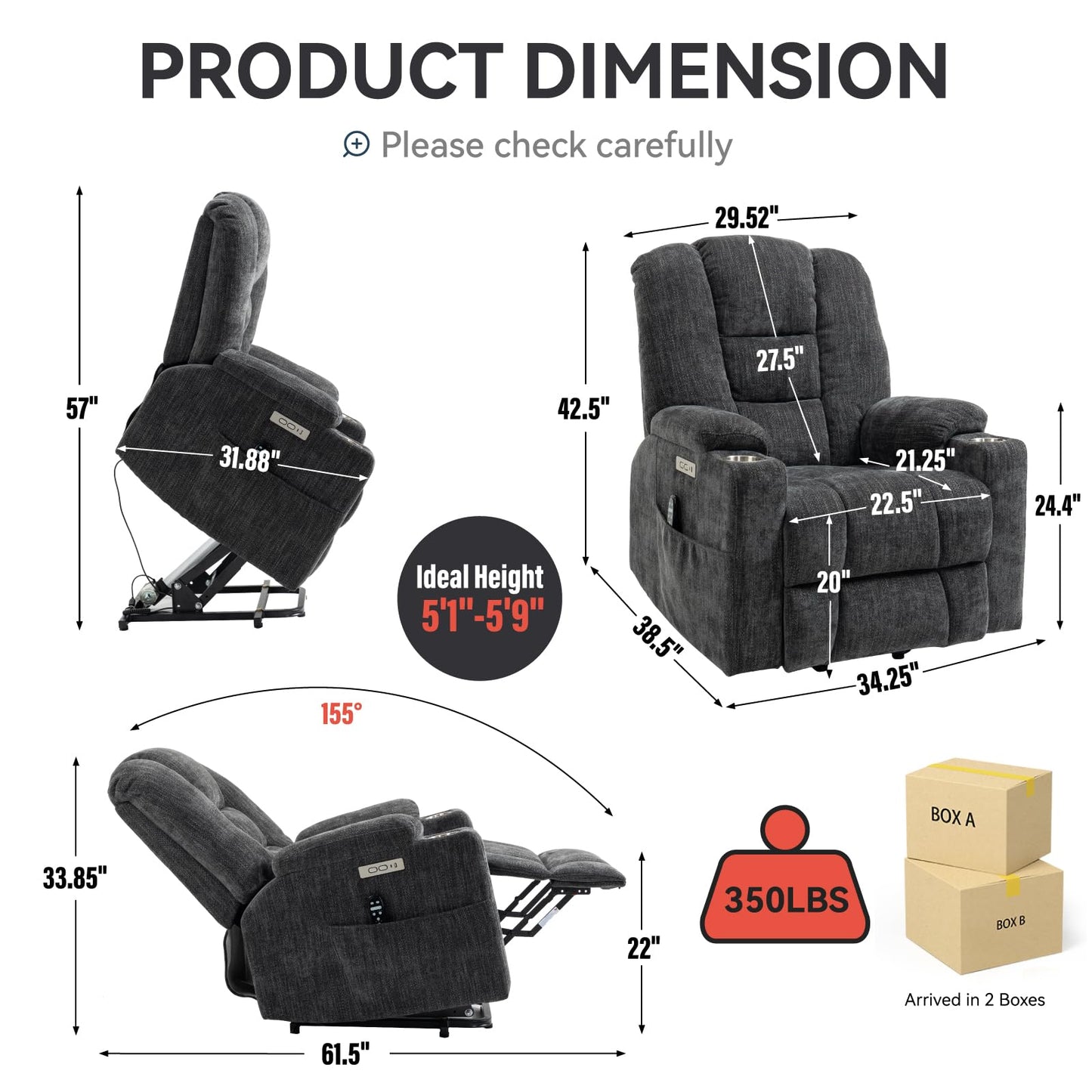 KEIKI Oversized Power Lift Recliner Chair with Heat & Massage, Reding Rocking Chair for Elderly, High Seat Comfy Chenille Recliner with Side Pockets, USB Port, Cup Holders & Lumbar Support, Grey
