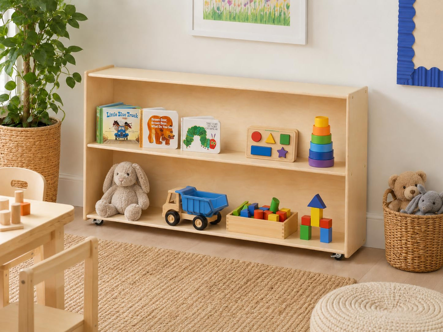 RRI Goods 2 Shelf Montessori Horizontal Bookcase with Wheels (47" Width) |Bookshelf - Toy Storage Organizer, Arts, Crafts & Supplies Storage Unit for Home, Office, Classroom, Daycare