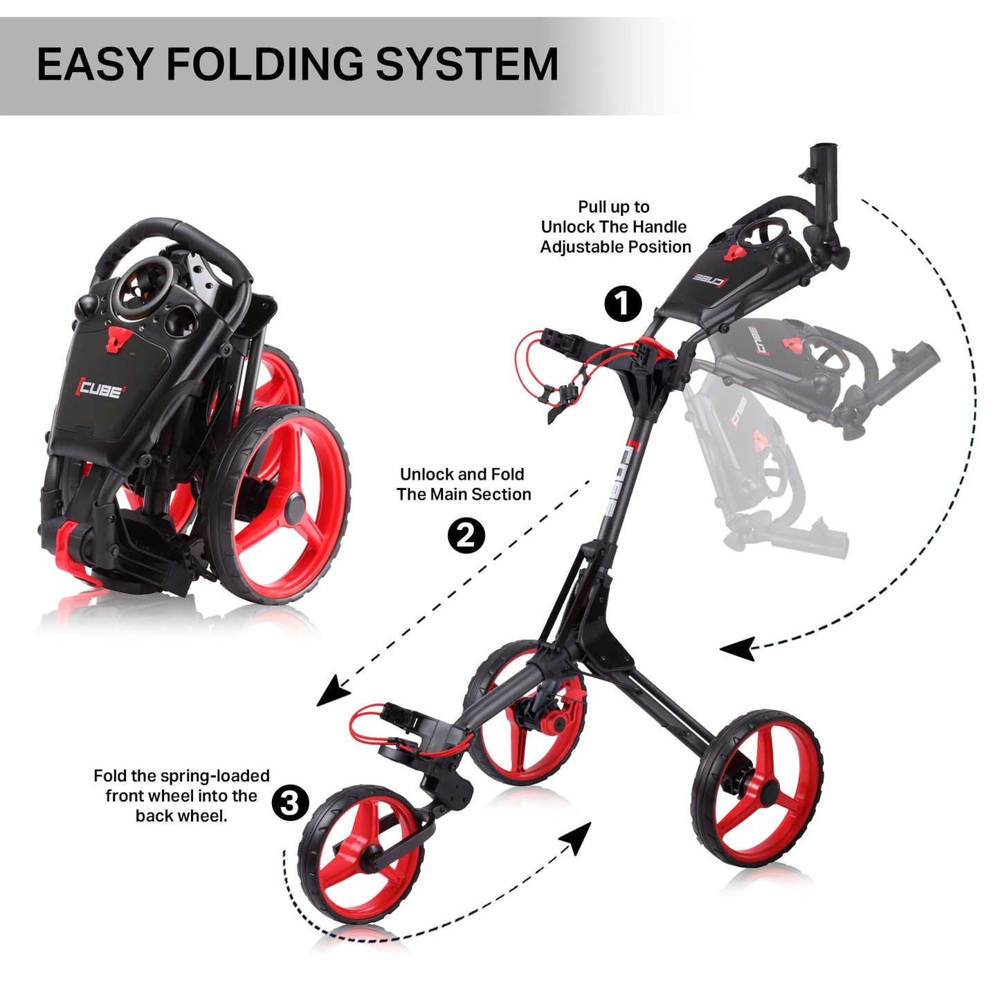CUBE CART 3-Wheel Golf Push Cart – Ultra-Compact 14.5 lb Folding Golf Trolley, Two-Step Fold, Adjustable Handle, Foot Brake, Umbrella Holder & Built-in Storage - Charcoal/Red