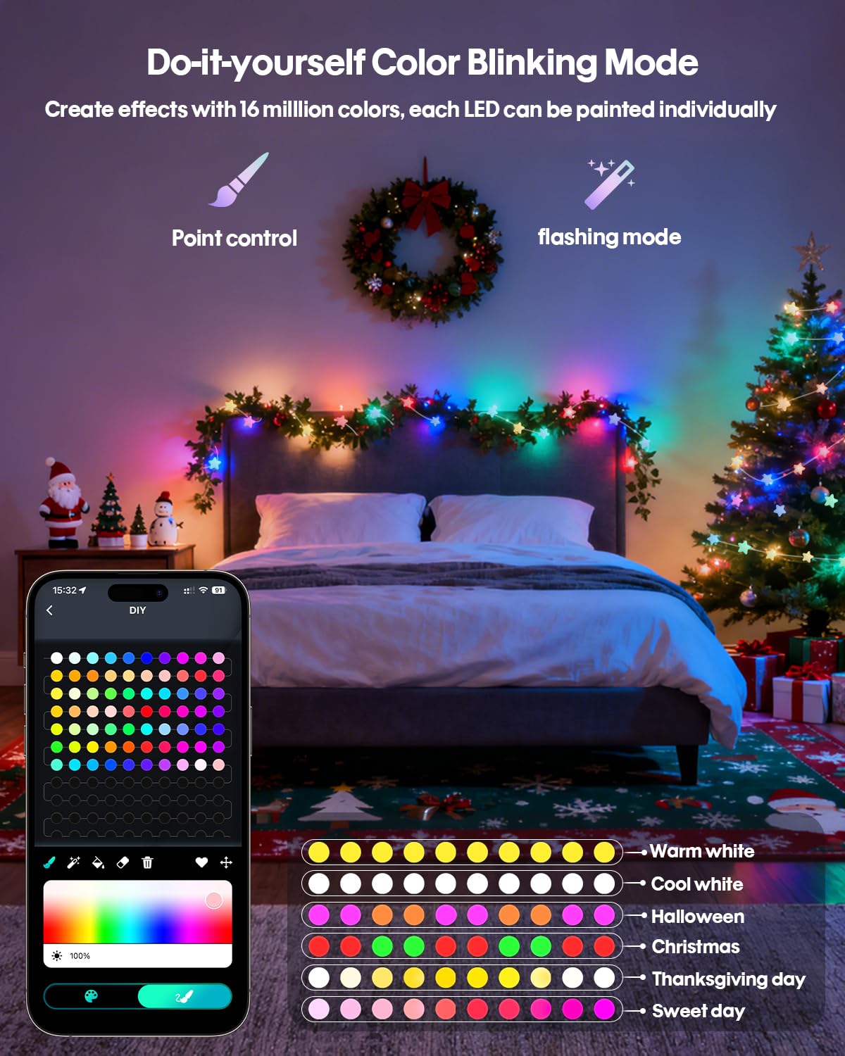 Super RGB Smart Star String Lights, 16.4Ft, 33 LED, Color Changing, Remote & APP Control, White-Star, Model HCL-001