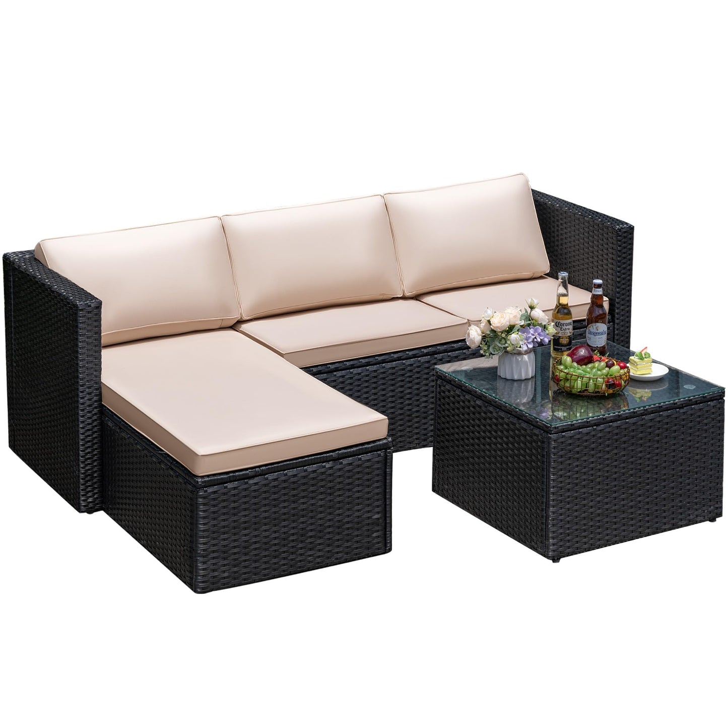 Greesum 3 Piece Patio Furniture Set Outdoor Wicker Rattan Sectional Sofa with Adjustable Seat, Soft Cushions & Coffee Table for Yard, Garden, Porch, Poolside, Beige