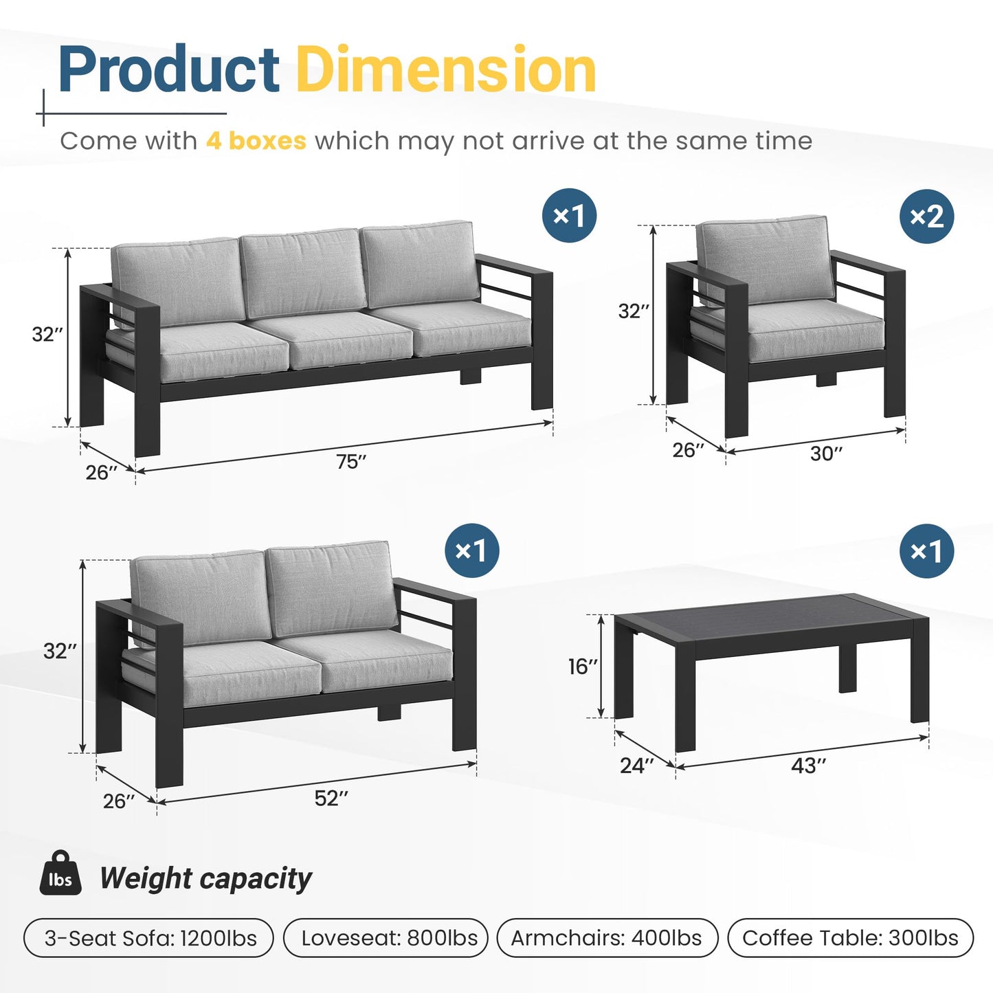 Solaste Aluminum Patio Furniture Set for All Weather, Oversized Metal Outdoor Furniture Set with 27.5" Deep Seating and 3.2" Wide Armrest, Outdoor Patio Conversation Sets with 10" Back Suport Cushion