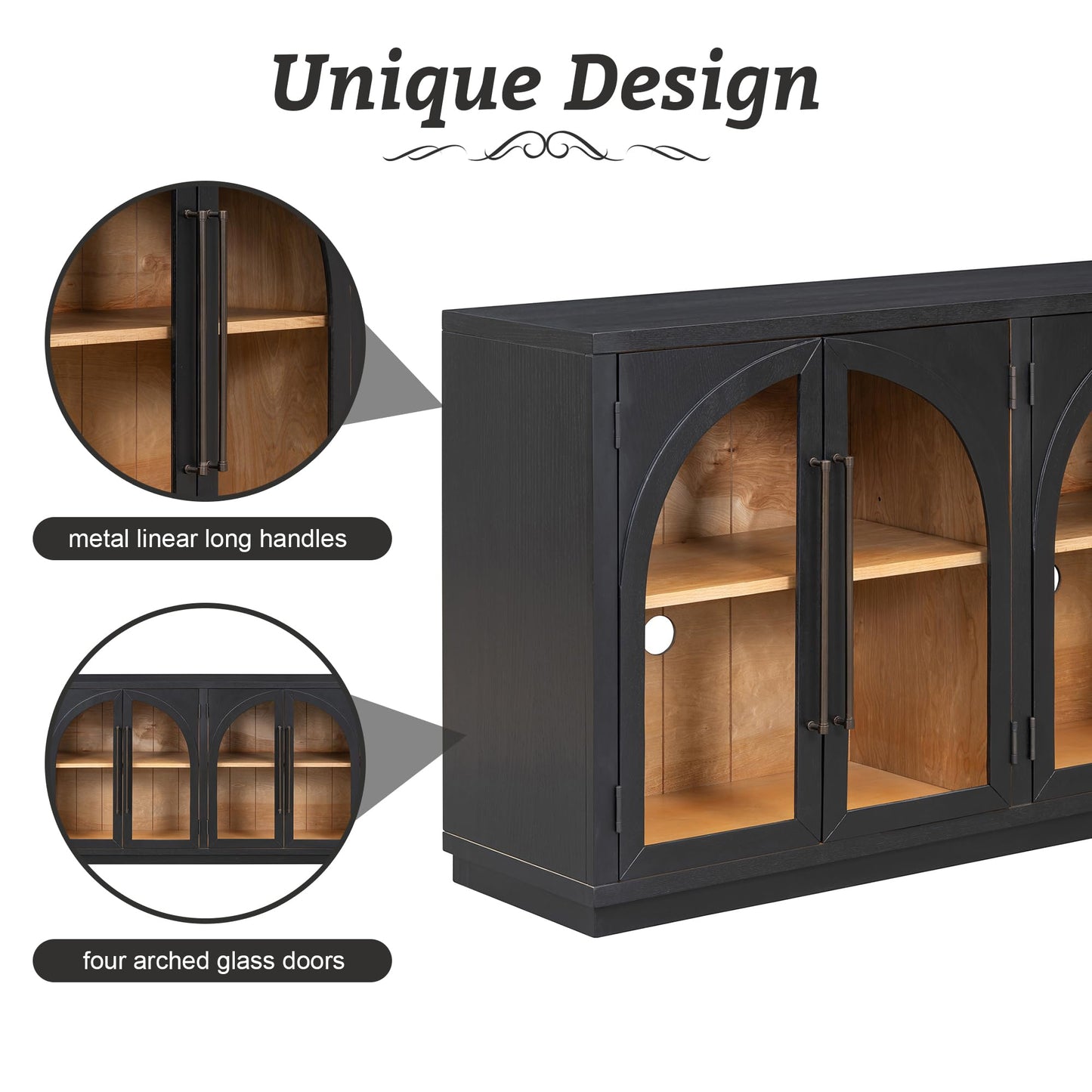 Merax Wood Farmhouse Buffet Sideboard with Adjustable Shelves and 4 Glass Doors, Coffee Bar Cabinet TV Stand for Living Room Bedroom Kitchen Black