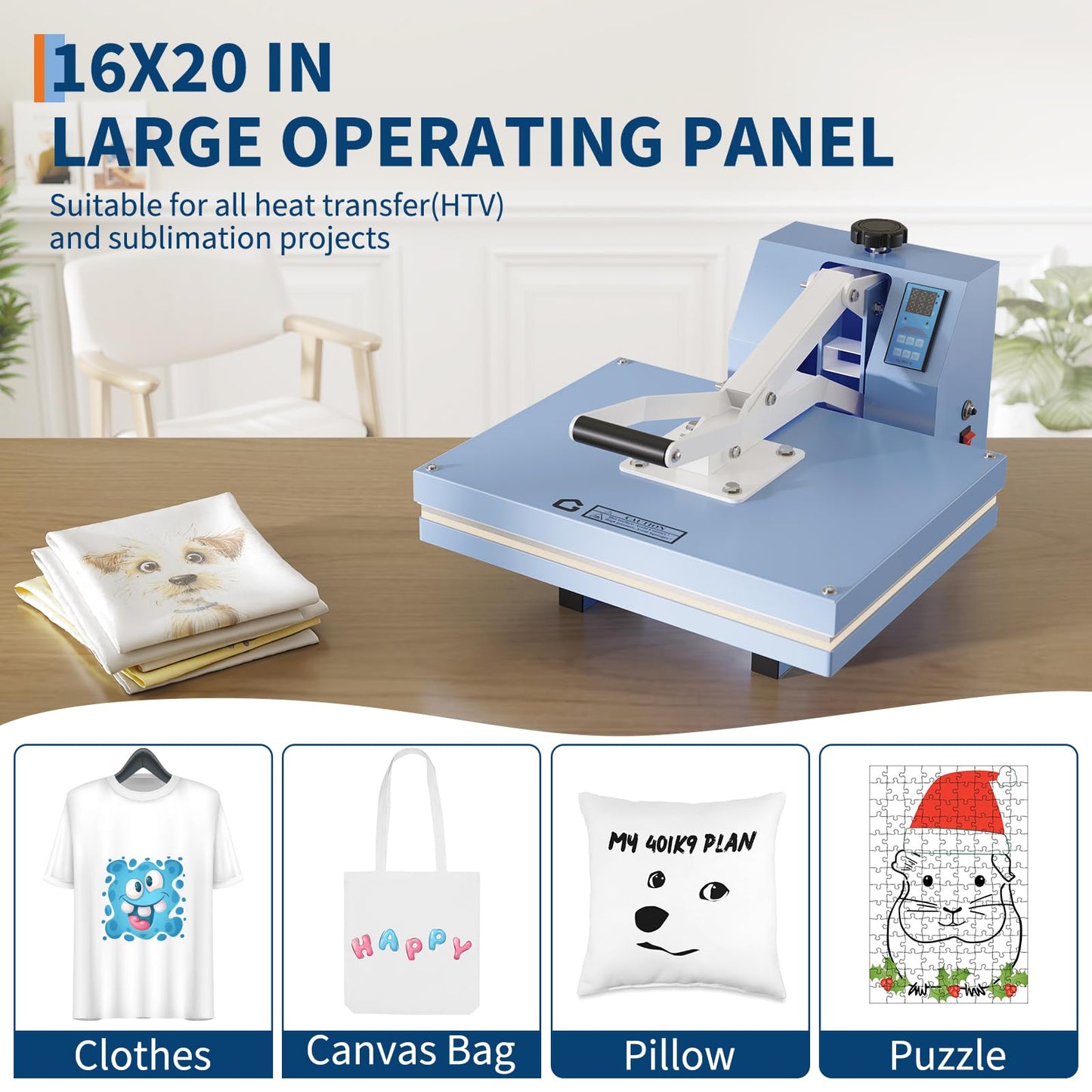 16x20 Heat Press, Heat Press Machine, Even Heating Technology, Large Operating Panel, Industrial Digital Heat Transfer Machine Sublimation for T-Shirts, Clothes, Canvas Bags, Smog Blue