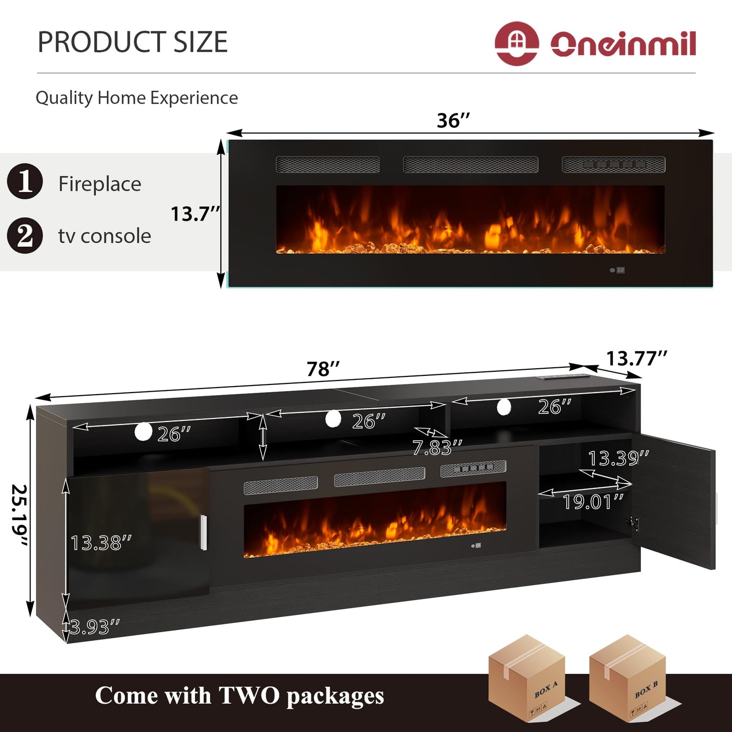 OneBlis 80" Fireplace TV Stand with Power Outlet for TVs UP to 90", Electric Fireplace Entertainment Center with LED Lights & Storage Cabinets, TV Console for Living Room, Office, Black-Black