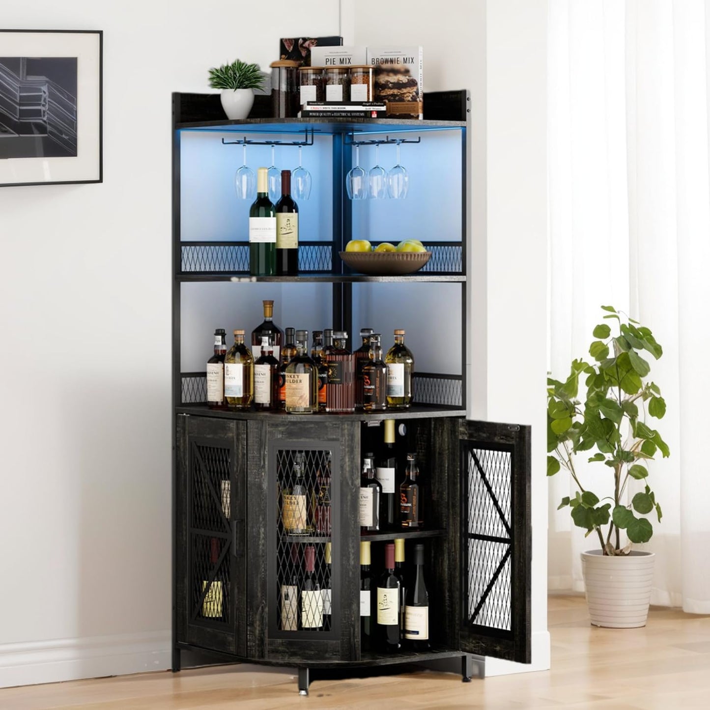 JoanKaren Corner Bar Cabinet with Power Outlet and LED Light, Coffee Bar Cabinet for Home Bar, Industrial Corner Shelf with Wine Storage, 5-Tiers Liquor Cabinet for Home, Living Room, Kitchen (Black)