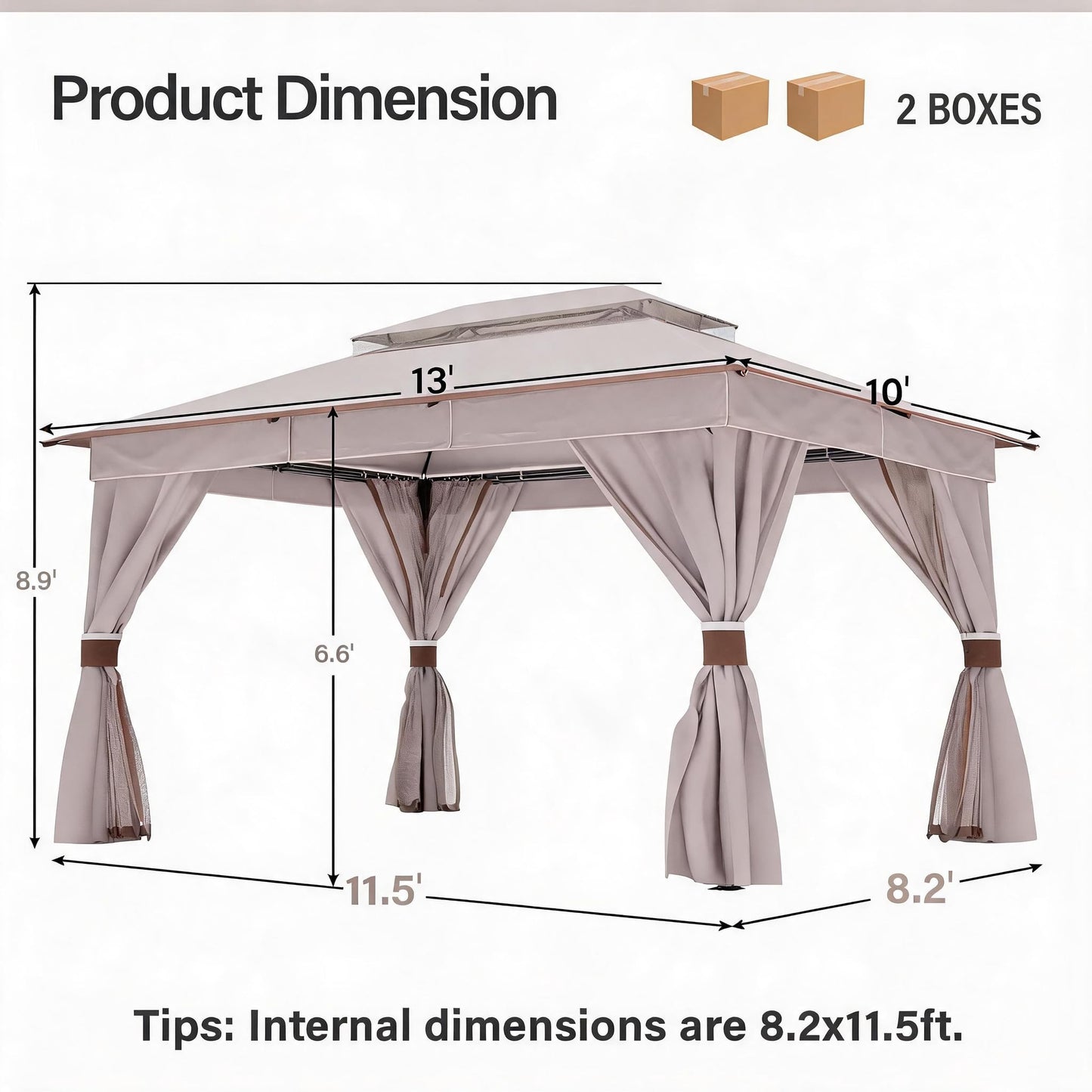 LAUSAINT HOME 10'x13' Outdoor Gazebo, Metal Frame Heavy Duty Patio Canopy Tent Shelter with Double Roofs, Mosquito Nettings and Privacy Screens for Backyard, Garden, Lawn, Classic Khaki