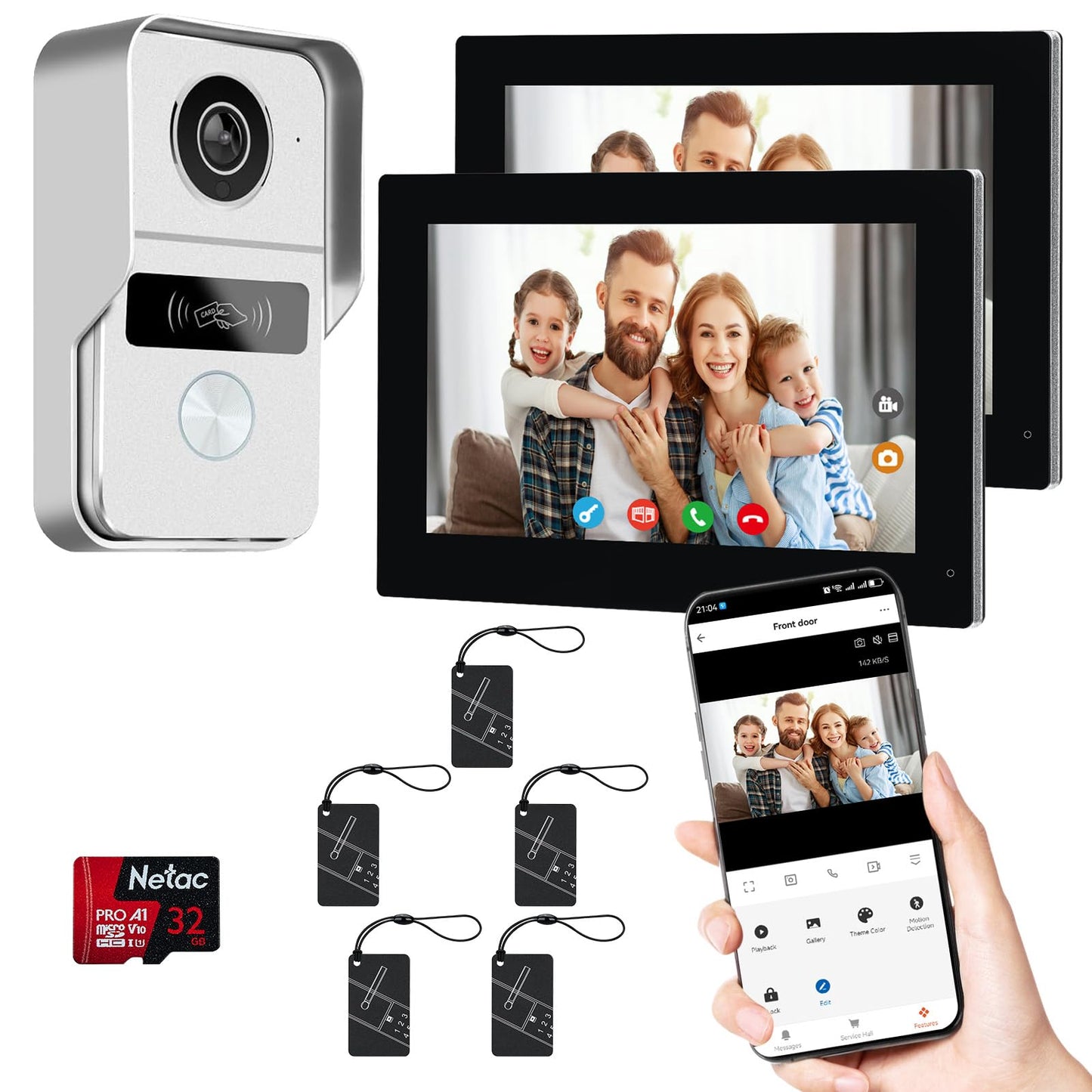 2 Wired Video Doorbell video Intercom System 1-Camera and 2-Monitor, 7 Inch Touch Screen, Night Vision, Support Remote Unlock, Dual-Way Intercom for Villa House Office Apartment Smart Phone Monitor