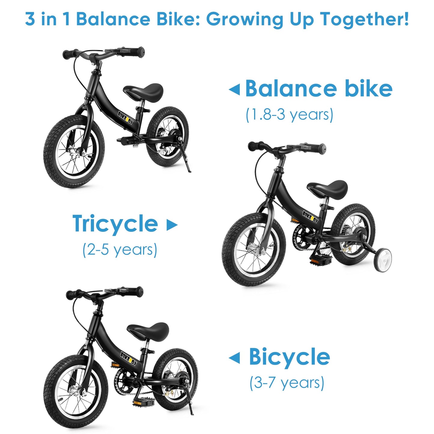 Balance Bike 3 in 1,The Dual Use of a Kids Balance Bike and Toddler Bike, for 2 3 4 5 6 7 Years Old -12 14 16 Inches with Training Theory, Brake, Pedal
