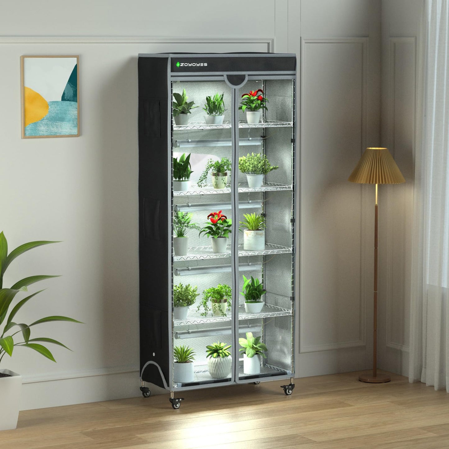 ZOYOYES Indoor Greenhouse 6-Tier Plant Rack with Cover & 5 T8 Grow Lights