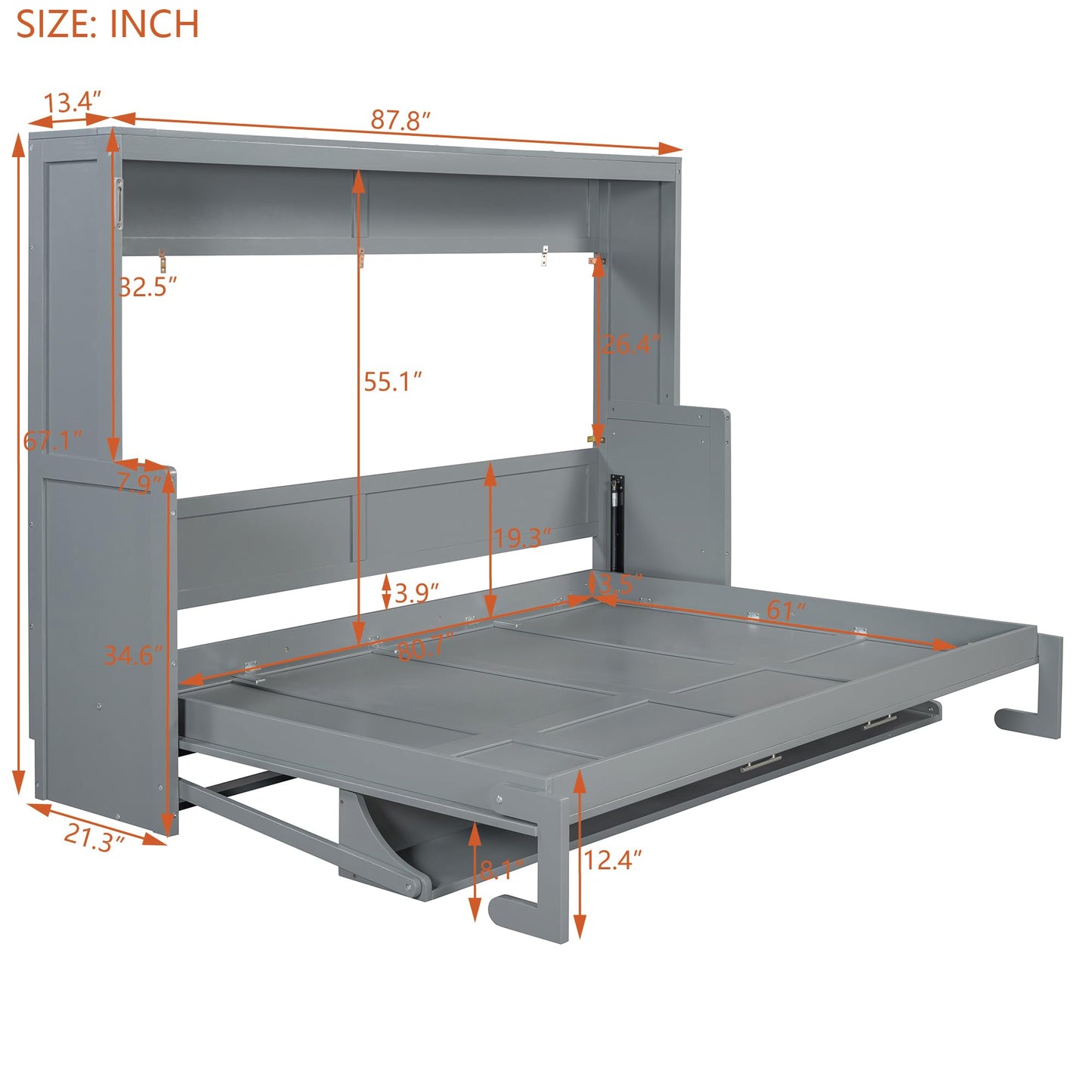 Merax Murphy Bed Queen Size with Desk, Wood Folding Wall Bedframe with Smooth Hydraulic Lift, for Small Bedroom, Guest Room, Home Office, Grey