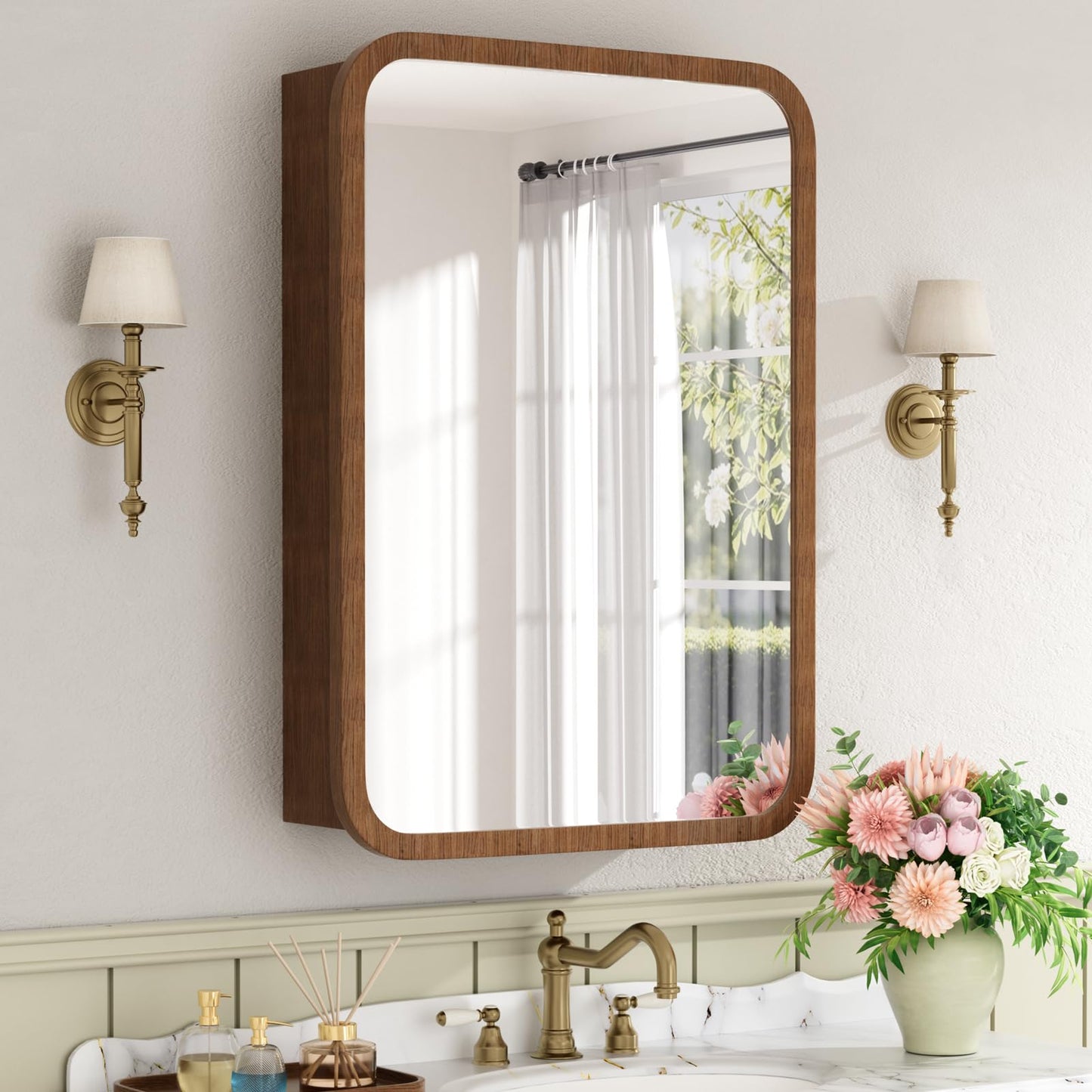Keazile 20x28 Inch Wood Medicine Cabinet with Mirror, Surface or Recessed Mount Bathroom Mirror Cabinet, Adjustable Glass Shelves, Soft-Close Door, Rounded Corner, Fully Assembled, Walnut