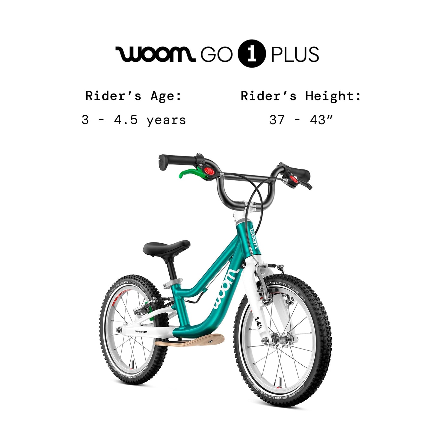 woom GO 1 Plus Balance Bike for Children 3 to 4.5 Years Old, 14-Inch Lightweight Bike with Handbrake & Steering Limiter for Toddler Boys & Girls - Metallic Turquoise