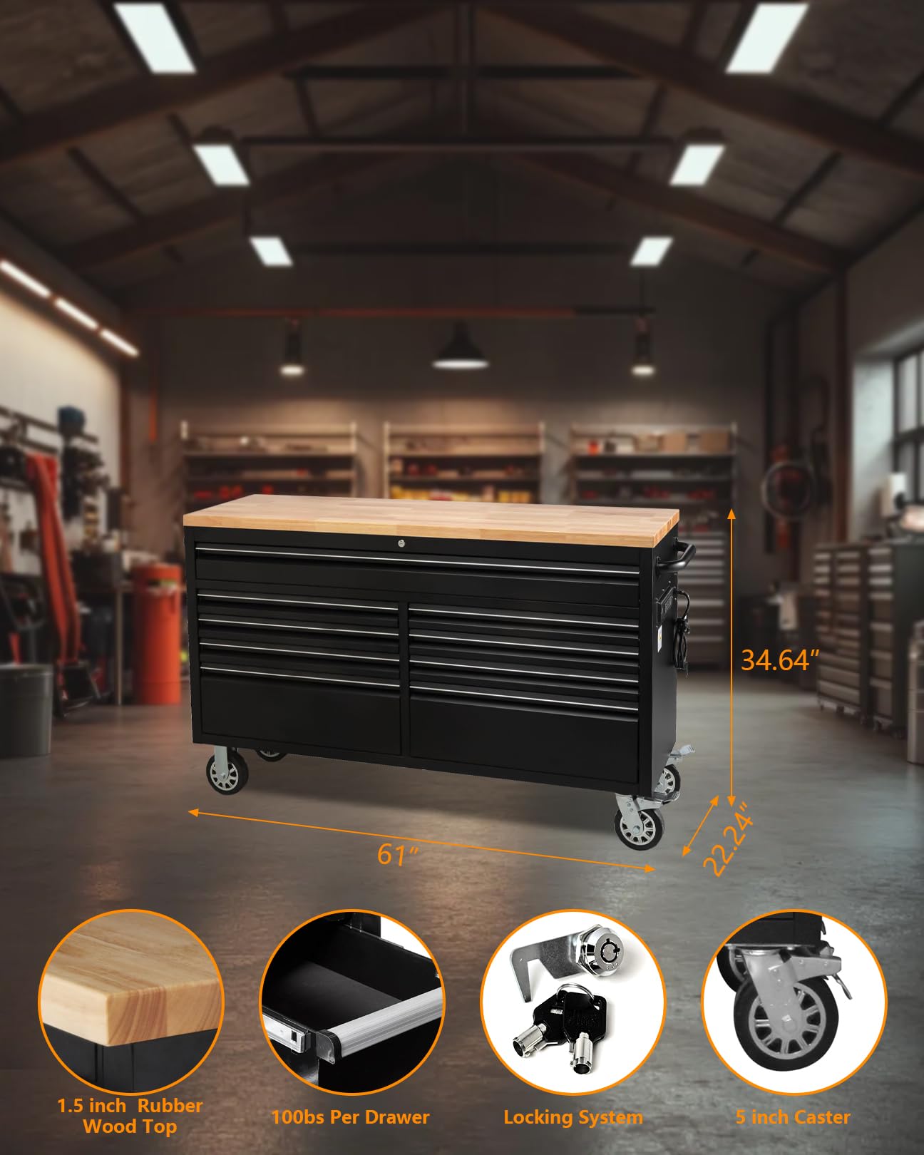 GarveeTech 61-Inch Heavy-Duty Rolling Tool Chest & Mobile Workbench with 9 Drawers, Rubber Wood Tabletop, Key Locking System, Drawer Liners and Wheels, Steel Storage Cabinet for Garage, Workshop