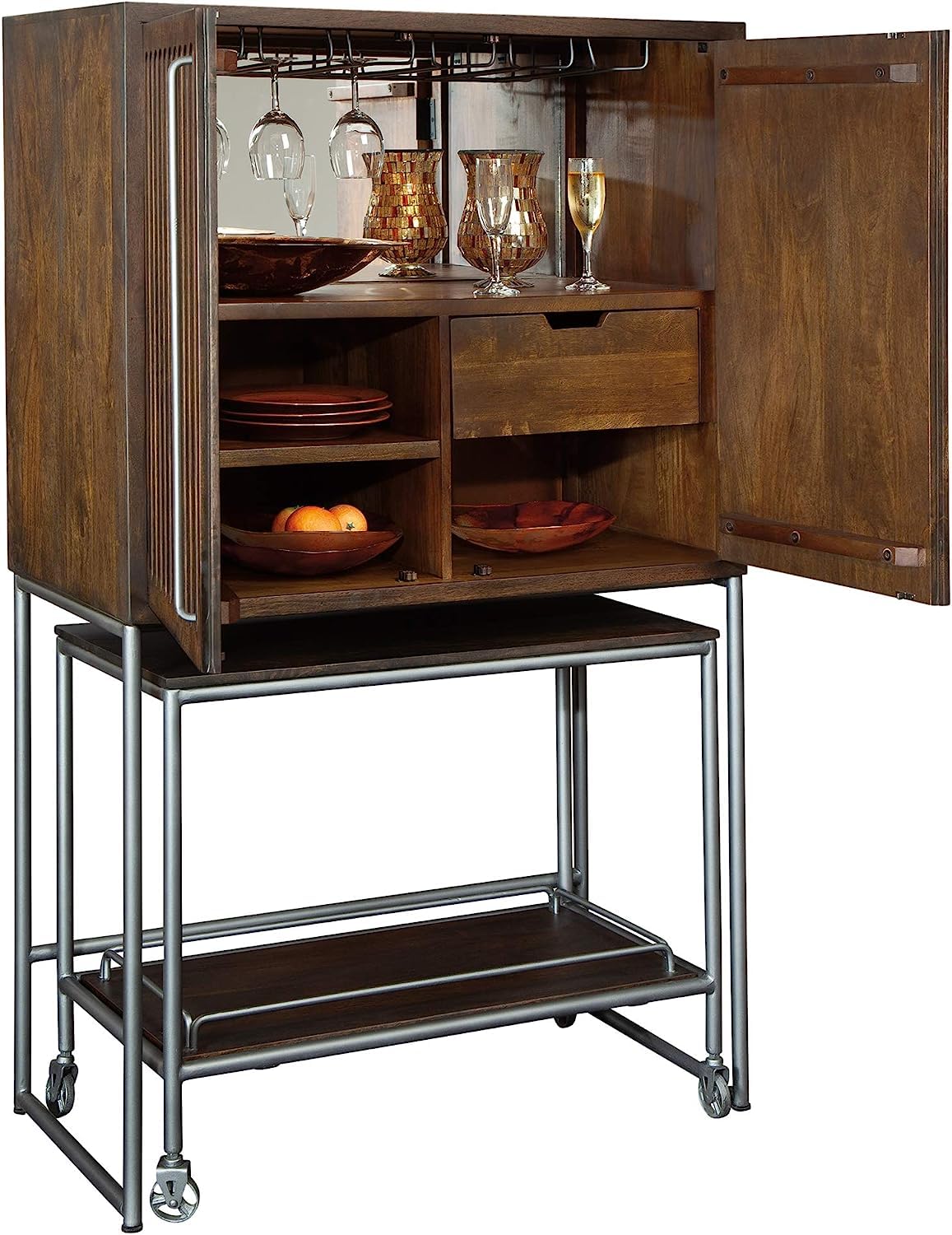 Howard Miller Samuelson Wine & Bar Cabinet II - Distressed Medium Brown Furniture - Charcoal Gray Touch, Home Liquor Storage Console with Wheel Casters for Living Room, Home Decor Or Office