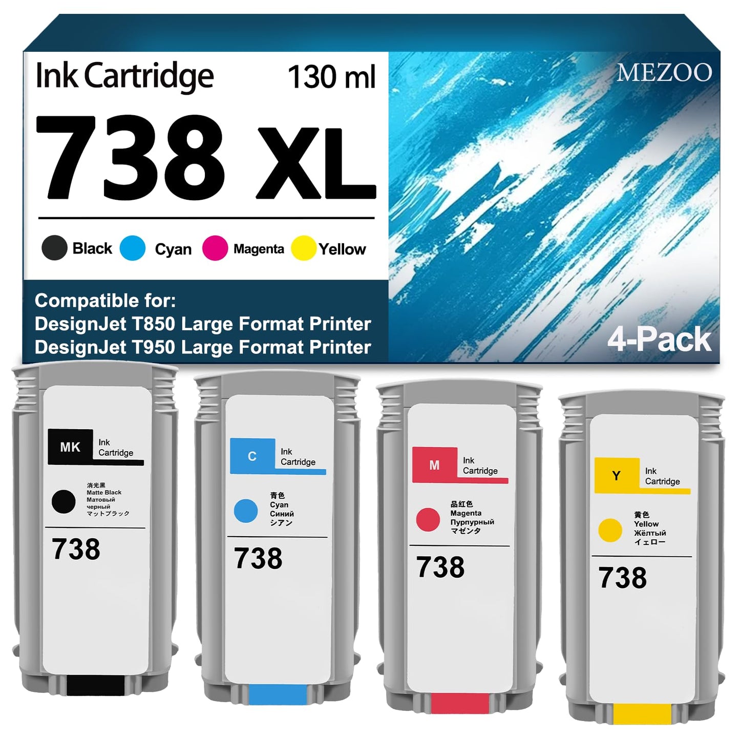738 Ink Cartridge High Capacity 130ml Replacement for HP 738 738XL Ink Cartridge 498N4A 498N5A 498N6A 498N7A for DesignJet T850 T950 Wide Format Plotter Printer(4-Pack, Black Cyan Magenta Yellow)