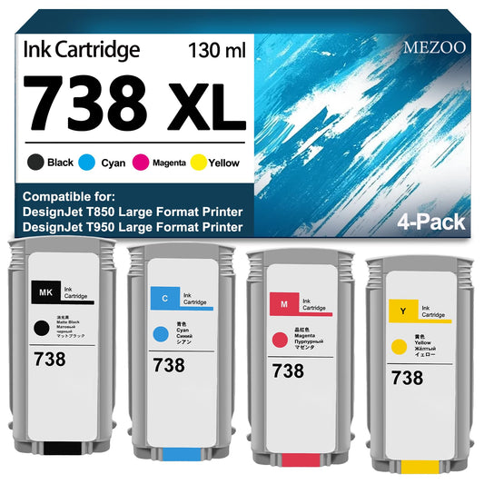 738 Ink Cartridge High Capacity 130ml Replacement for HP 738 738XL Ink Cartridge 498N4A 498N5A 498N6A 498N7A for DesignJet T850 T950 Wide Format Plotter Printer(4-Pack, Black Cyan Magenta Yellow)