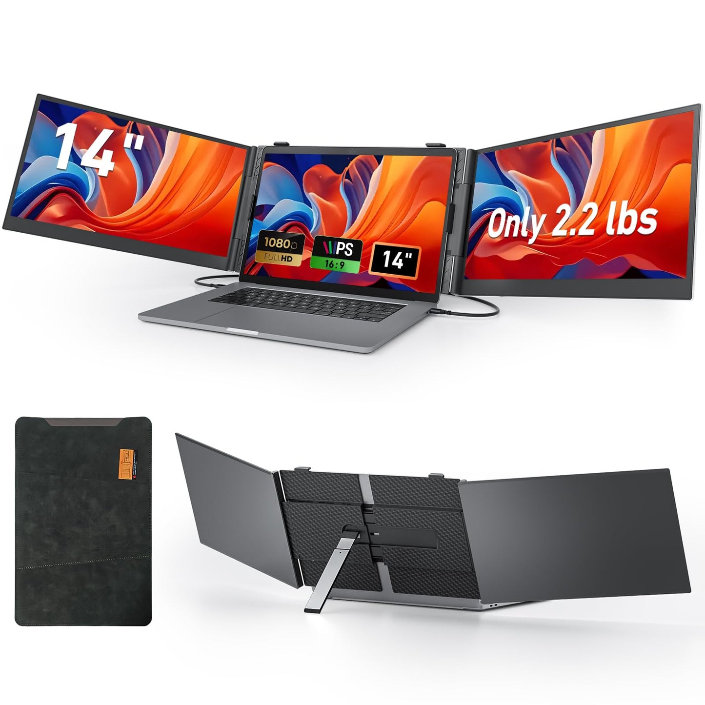 Vixtan 2.2lb Ultra-Light Laptop Screen Extender, 14.1" Triple Portable Monitor for Laptop, Ultra-Thin 1080P FHD Monitors for 13-17.3" Laptops, Triple Monitor Extended for Windows/Mac/Chrome