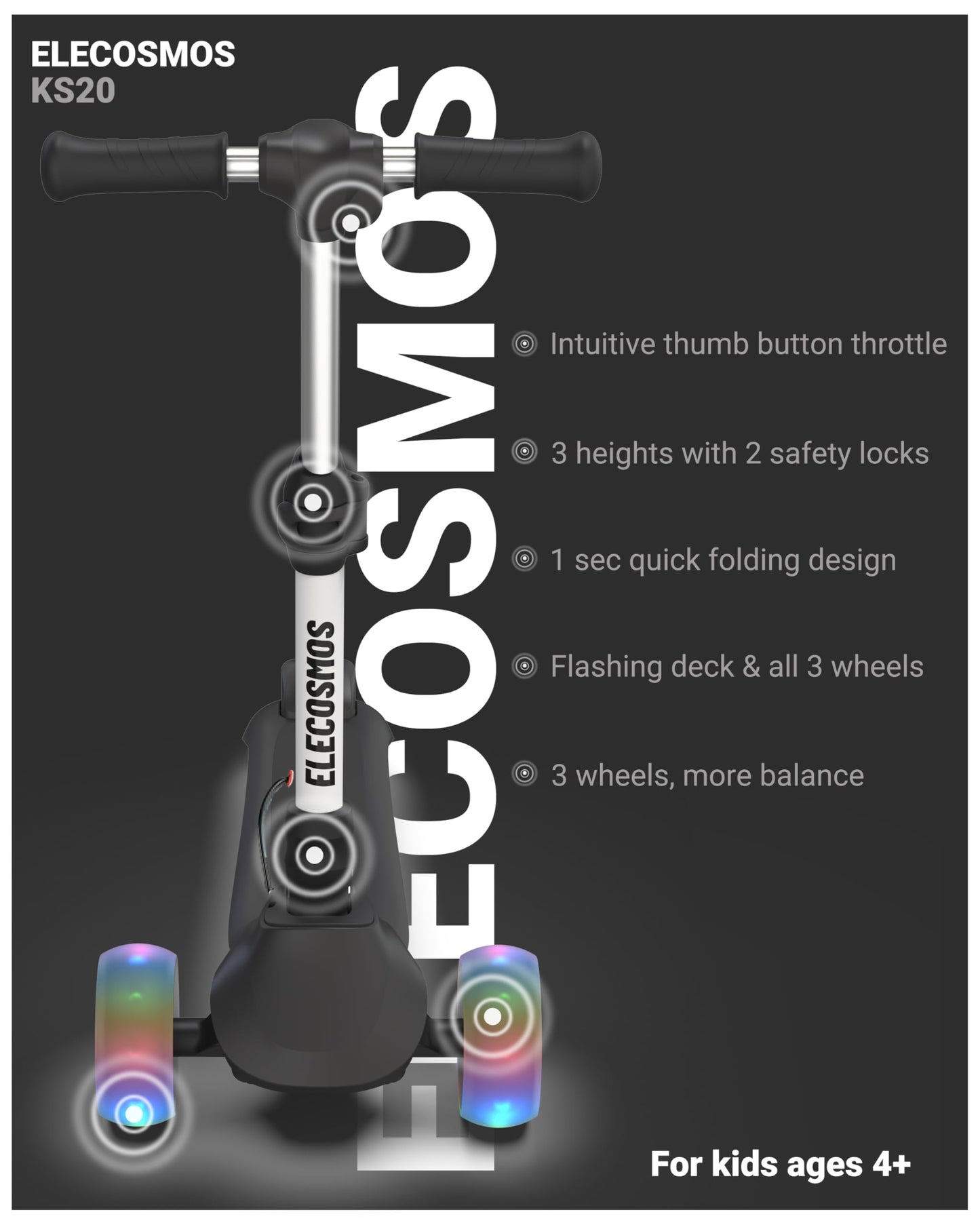 ELECOSMOS Electric Scooter for Kids Ages 5-8, 3 Extra Wide Light Up Wheels & LED Deck, 3 Heights Adjustable, 5 MPH, Super Lightweight Foldable E-Scooter for Kids, Toddlers, Girls, Boys, Black