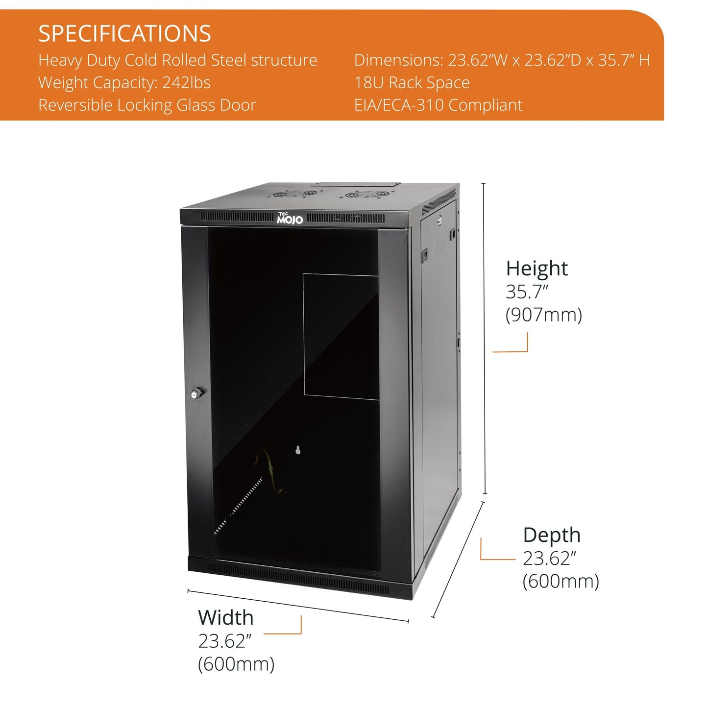 Tecmojo 18U Wall Mount Rack,18U Rack 23.6 Inch Depth,Hold Up to 176 Lbs,Enclosed Wall Mount Rack Kit for 19 Inch Network,Server and AV Gear,Glass Door(Elite Collection)