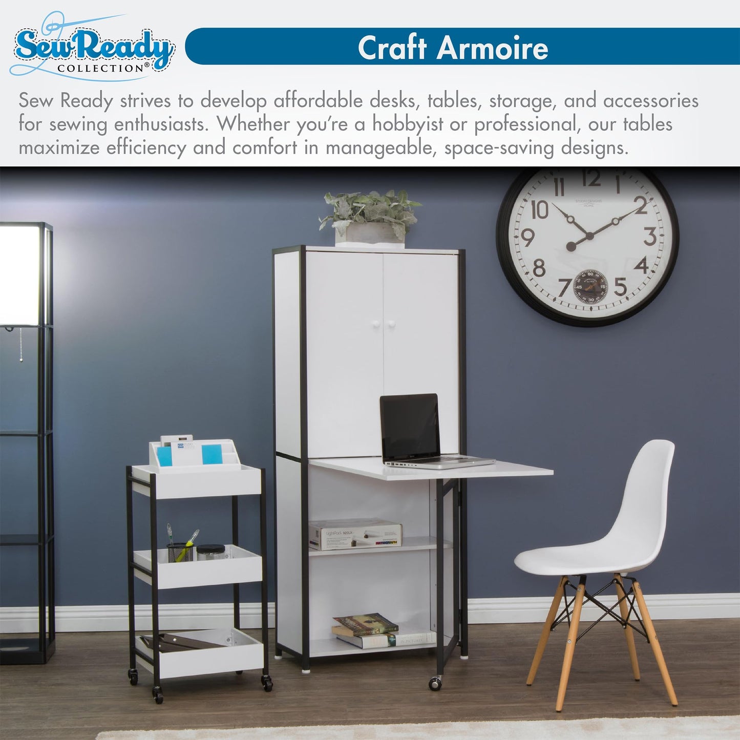 Sew Ready Folding Craft Armoire Cabinet, 59" Tall Multipurpose Workstation with Drop-Leaf Table and Powder-Coated Steel Frame, Charcoal/White