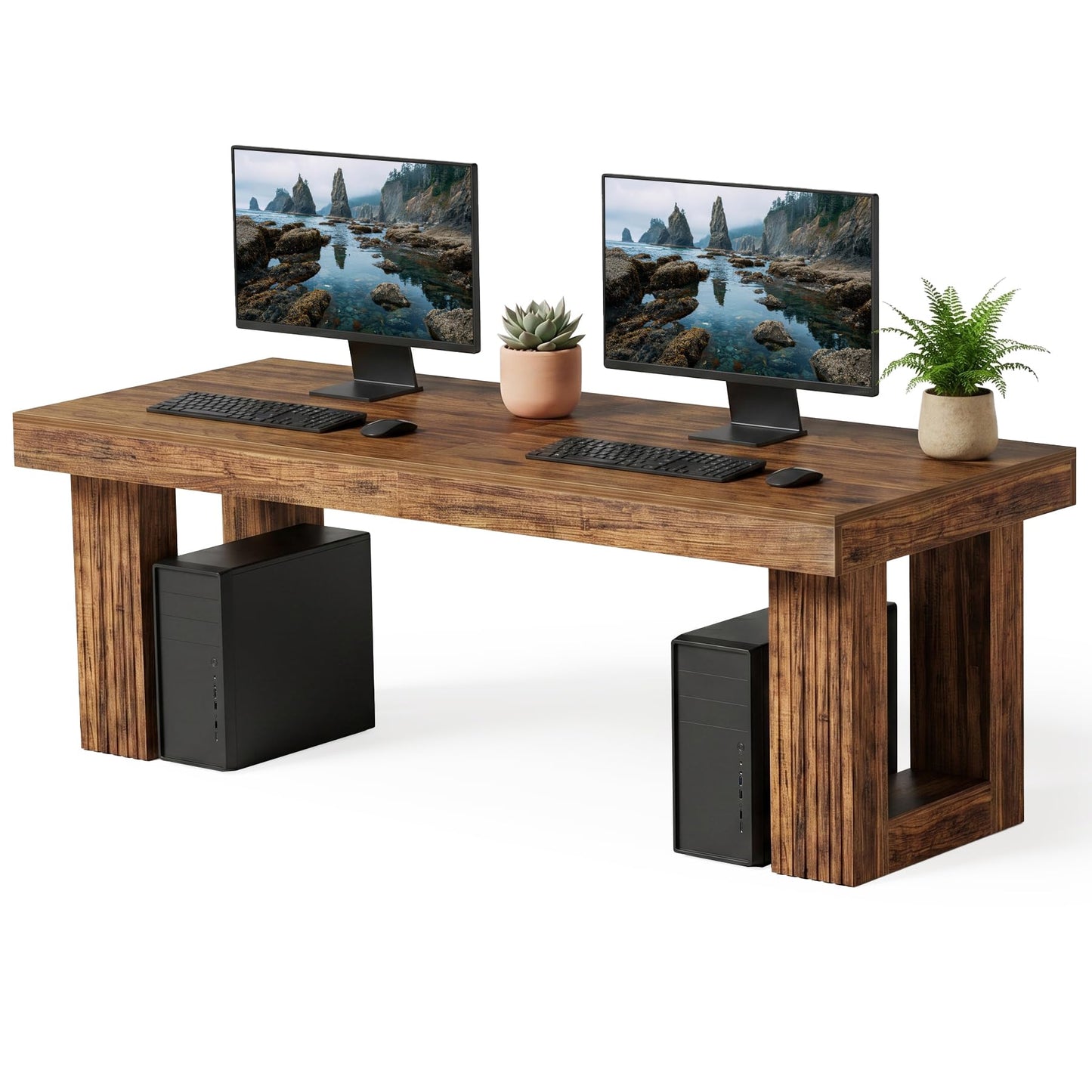 LITTLE TREE Computer Desk for 2 People, 86.6In Extra Long Two Person Desk, Rectangle Double Office Executive Desk, Simple Style Large Business Workstation for Home Office, Rustic Brown