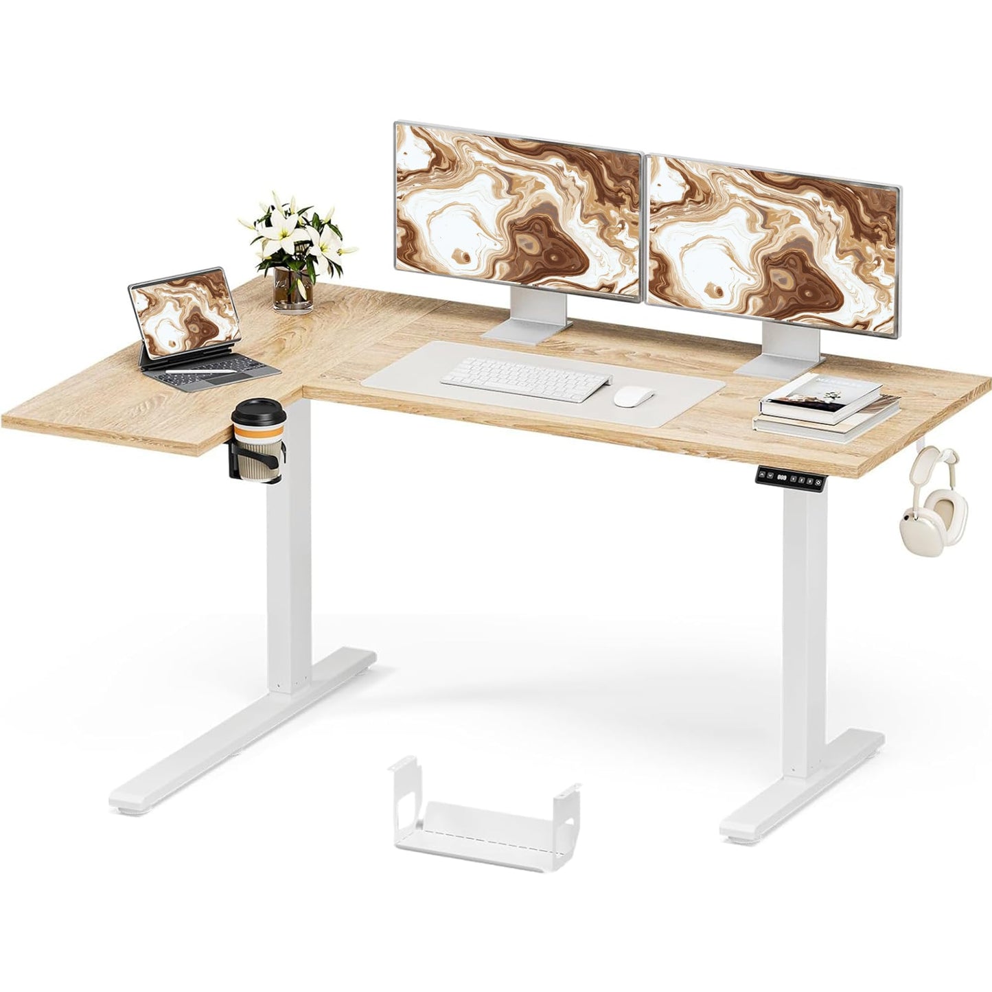 Muvai 59 Inch L Shaped Standing Desk Adjustable Height with Cable Management Tray,Gaming Electric Corner Standing Desk, Sit Stand Computer Table with Reversiable Splice Board,Light Rustic Brown