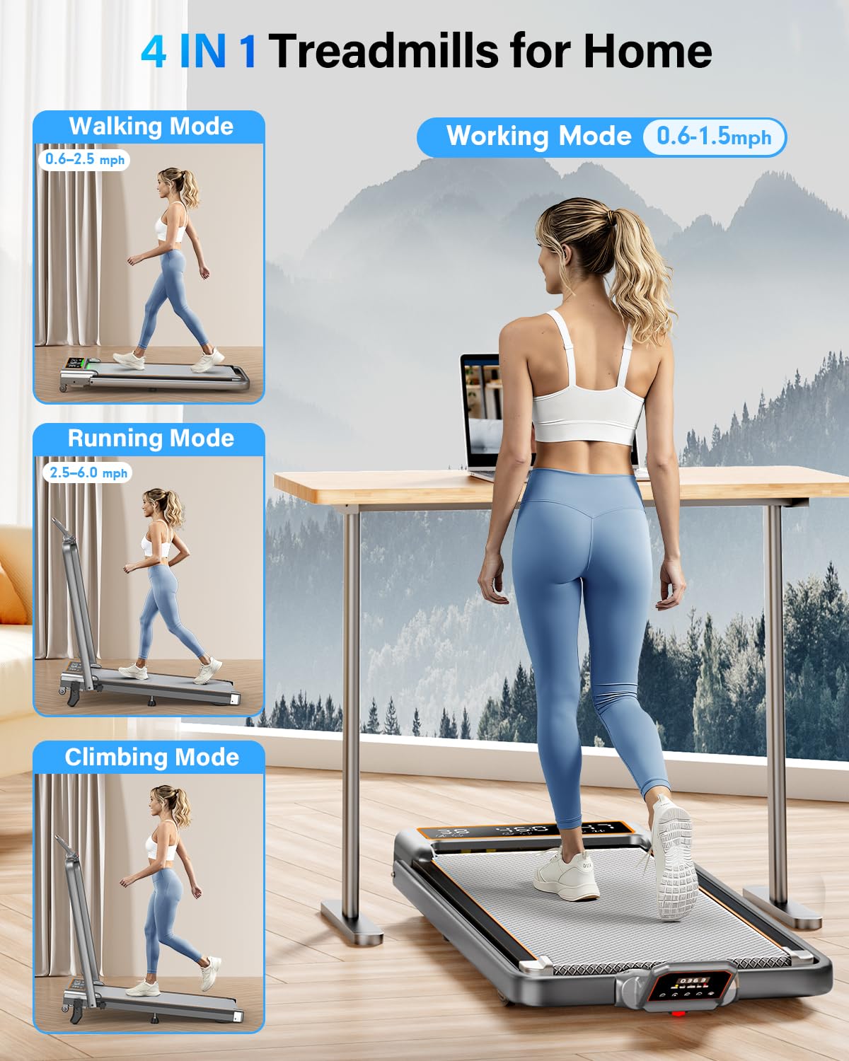 Walking Pad Treadmill with 15% Incline/Handle Bar/2 Screen Display, 3.5HP Foldable Walking Pad Treadmill, Portable Treadmills for Home with 4 Adjustable Incline, 350+lb Capacity, Smart App, RGB Light