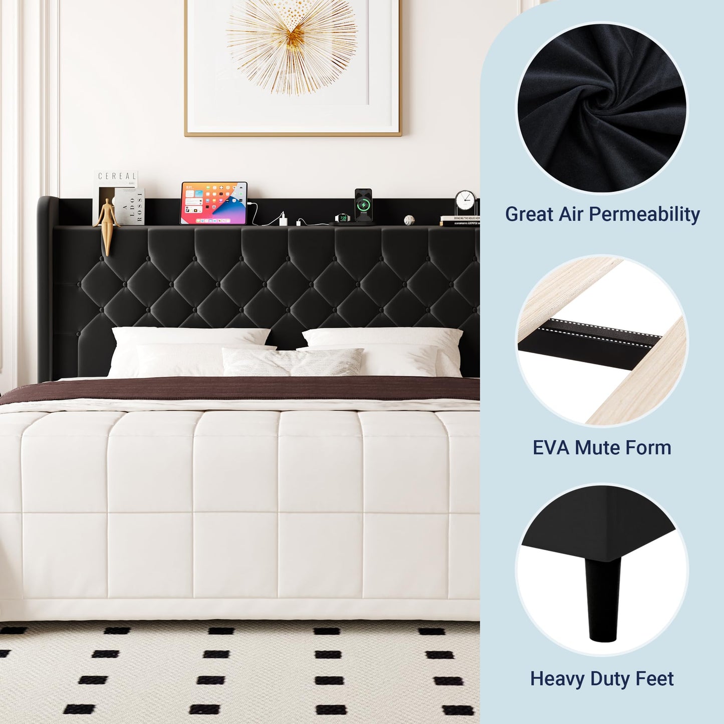 Allewie King Size Bed Frame, Storage Headboard with Charging Station, Wingback Velvet Upholstered, Diamond Stitched Button Tufted, Sturdy Wooden Slats, No Box Spring Needed, Easy Assembly, Black