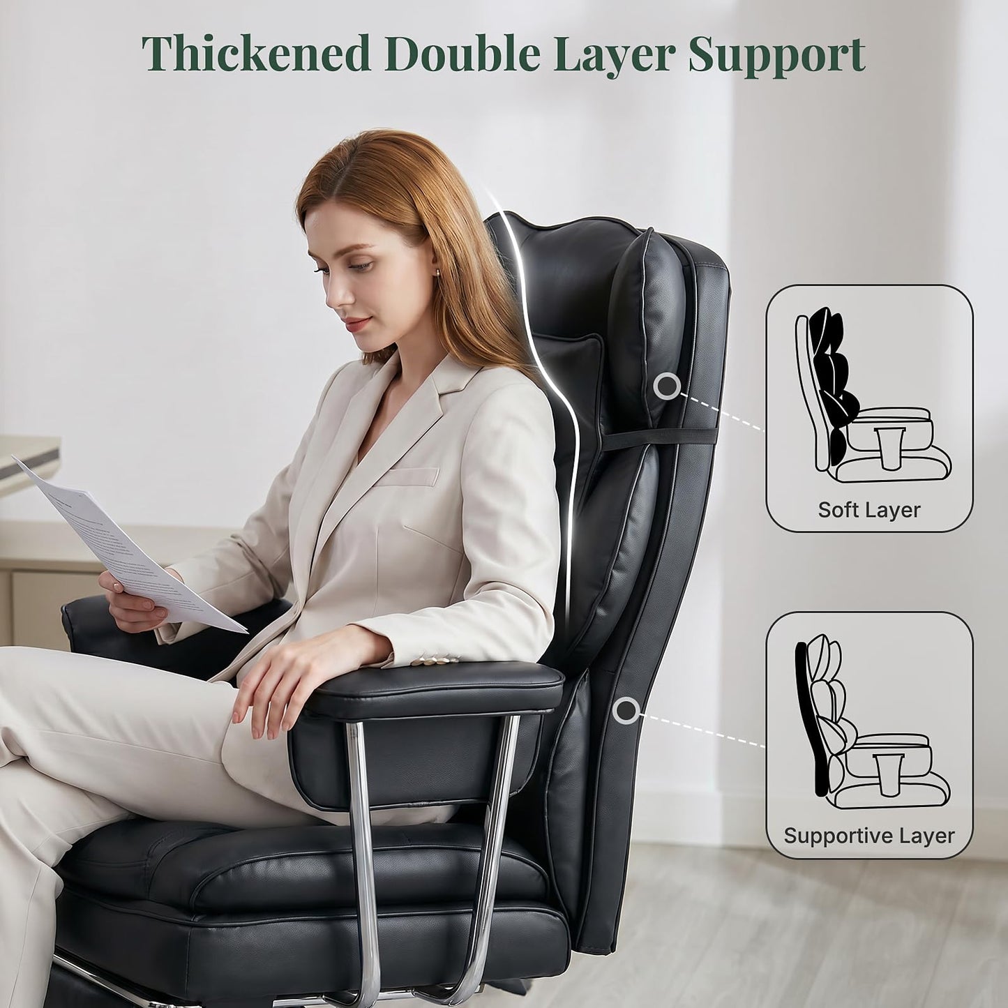 HAPPYMONT Executive Ergonomic Office Chair, PU Leather High Back Reclining Office Chair with Footrest and Lumbar Support, Height Adjustable Rolling Swivel Computer Chair for Home Office,Black