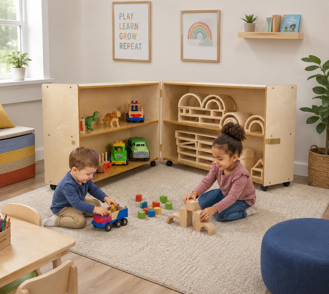RRI Goods Folding Hinge Bookcase with Casters, 47-Inch Length Closed, 94-Inch Length Open, 2-Shelf Rolling Birch Plywood Storage Unit for Montessori, Daycare, Preschool, Home