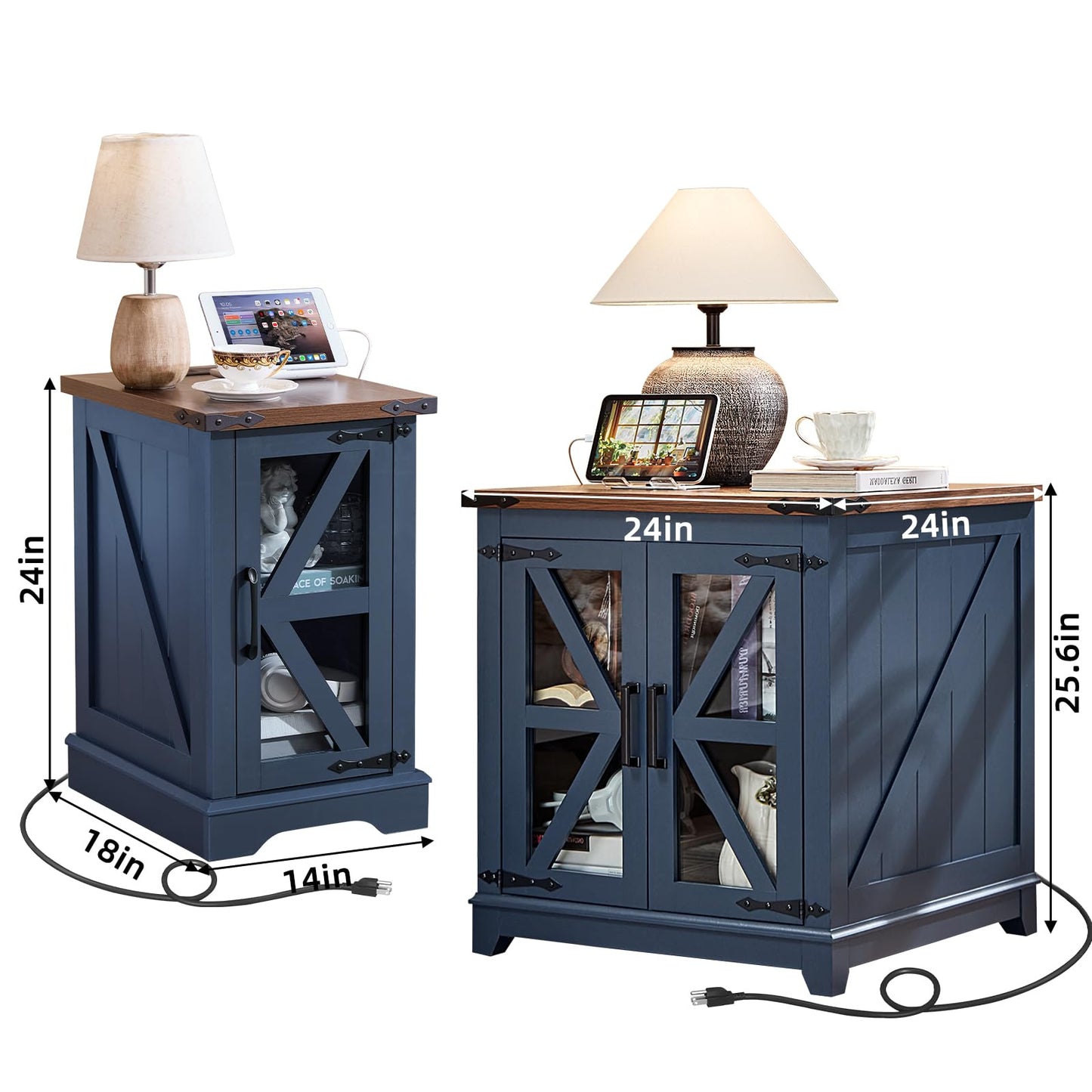 Joaxswe End Table Set 2 with Charger Station, Farmhouse 18'' Narrow Night Stand and 24" Square Side Table with Glass Barn Door Storage, Wood Nightstand Bedside Tables for Living Room Bedroom