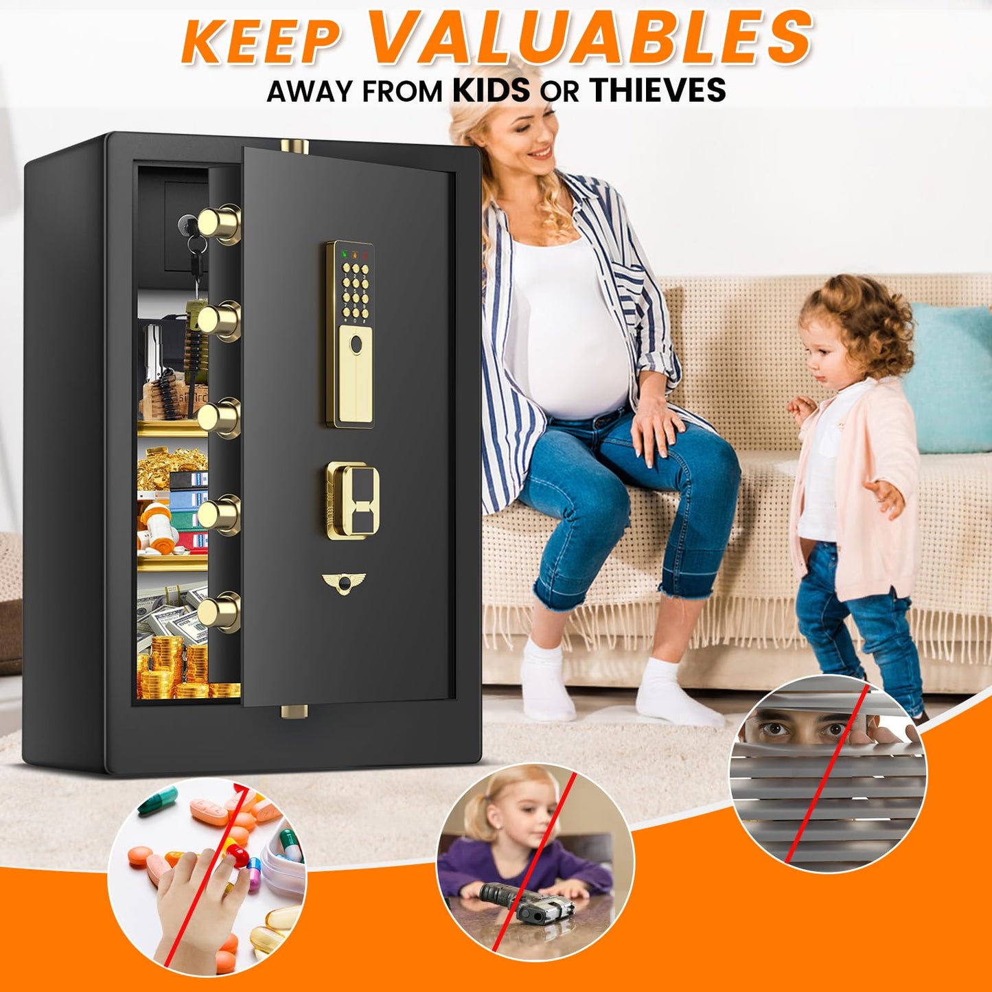 83LBS Fireproof Safe Box with Hidden Lock Box, 31.5''H Large Document Safe with Fireproof Waterproof Bag, Anti-Theft Dual Alarm, Digital Security Safe for Home Business, Wider Deeper Design