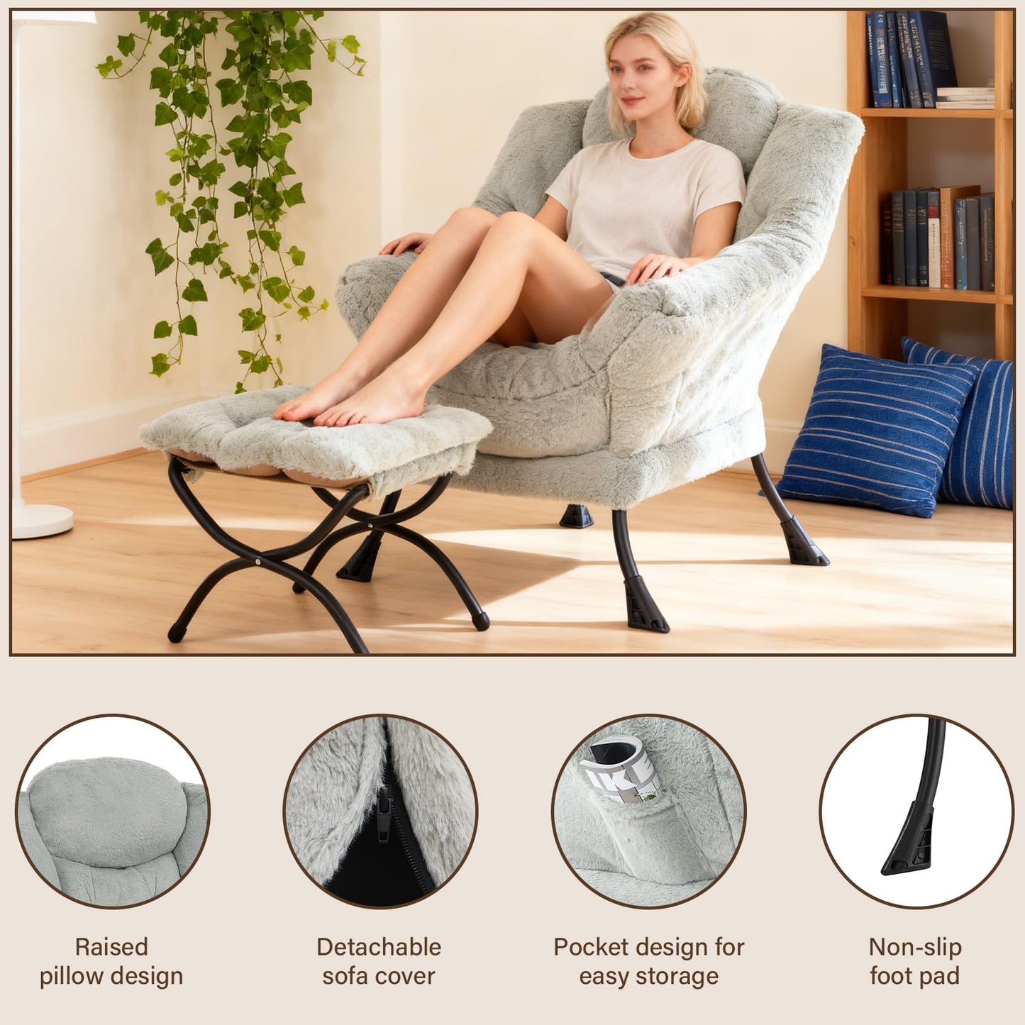 Welnow Lazy Chair with Ottoman, Modern Accent Chair with Armrests and a Side Pocket, Leisure Sofa Armchair, Reading Armchair with Footrest for Small Space, Plush Green