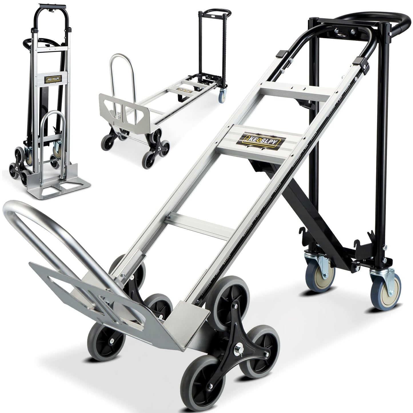 Keoslpy Upgrade 3 in 1 Industrial Convertible Aluminum Hand Truck Dolly Cart, 1000 LBS Capacity, Heavy Duty Stair Climbing Utility Trolley Platform Cart with Wheels for Transport & Moving