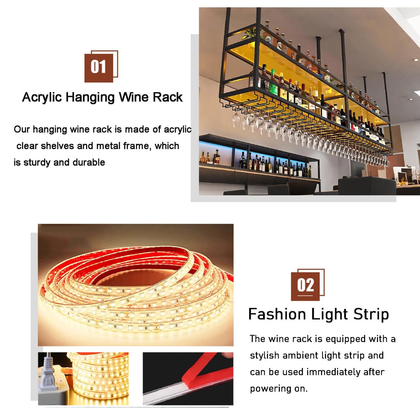 59IN Ceiling Wine Glass Rack with light, Acrylic Hanging Wine Rack with Glass Holder and Transparent Shelves, Wine Bottle Holder Goblet Stemware Racks Modern Home Bar Coffee Decor Rack (150CM)