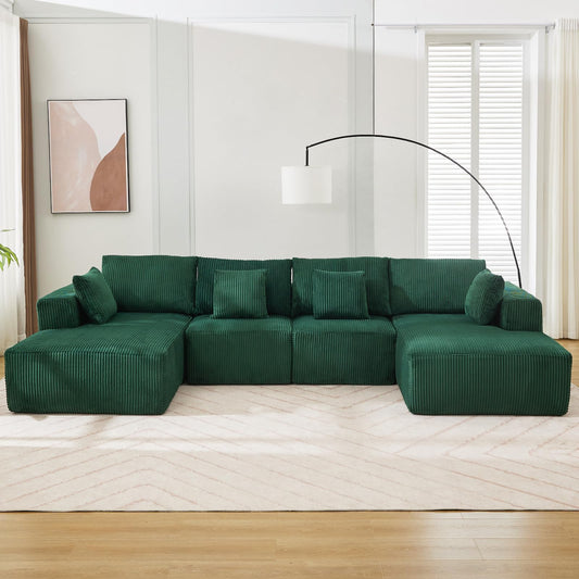 137" Modular Sectional Sofa, U-Shape Cloud Couch with Chaise, Deep Seat, Armrests and Plush Corduroy Fabric, No Assembly Required, Boneless Compression Sectional Couch for Living Room, Green