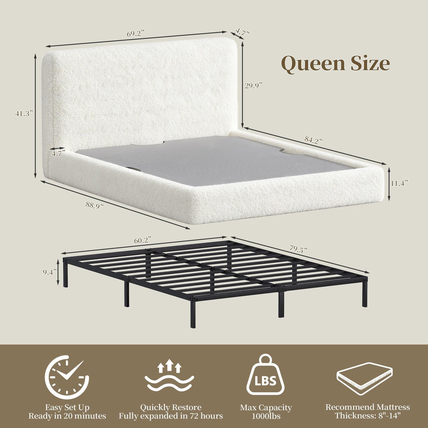 Oakvera Queen Cloud Bed Frame with Headboard, Boucle Upholstered Low Platform Bed, Anti-Collision Soft Sponge Cushion, for Modern Bedrooms, Apartments & Guest Rooms, No Box Spring Needed, Beige